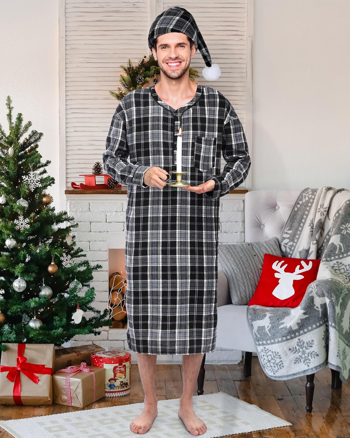 Cuffbow 4 Pcs Christmas Men's Cotton Flannel Nightshirt Set Includes Men Flannel Long Sleeve Nightgown Cap Candle and Holder