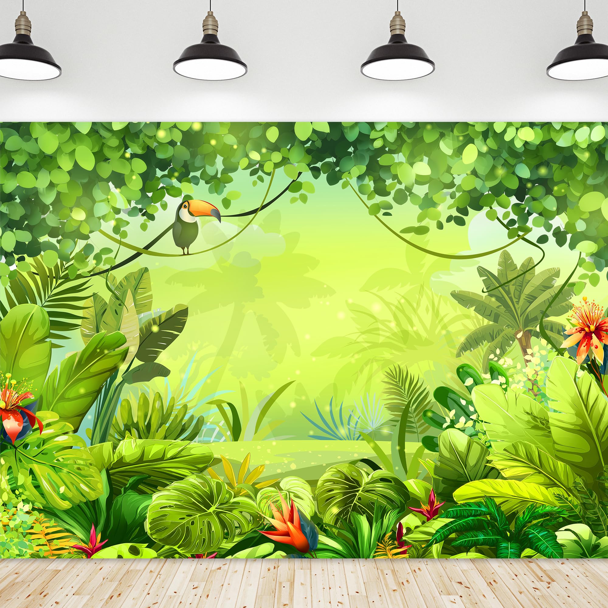 Riyidecor Jungle Safari Backdrop Fabric Polyester Green Animation Kids Rainforest Cartoon Photography Background 7Wx5H Feet Animal Decoration