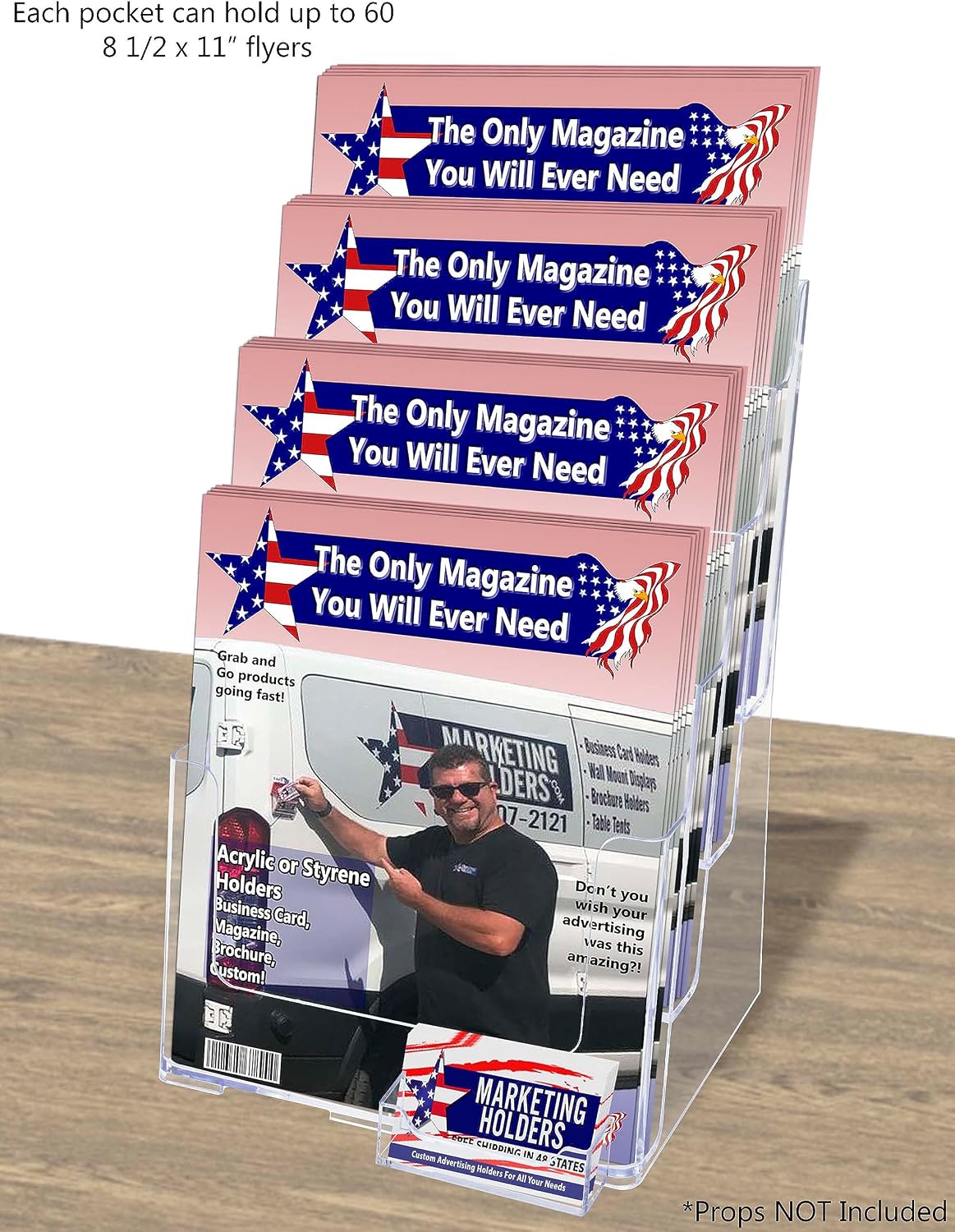 Brochure Holder with Hardware and 3.5" x 2" Card Slot 4 Tiered Clear Acrylic Display for 4" Trifolds or 8.5" Flyers for Reception Areas and Welcome Centers by Marketing Holders