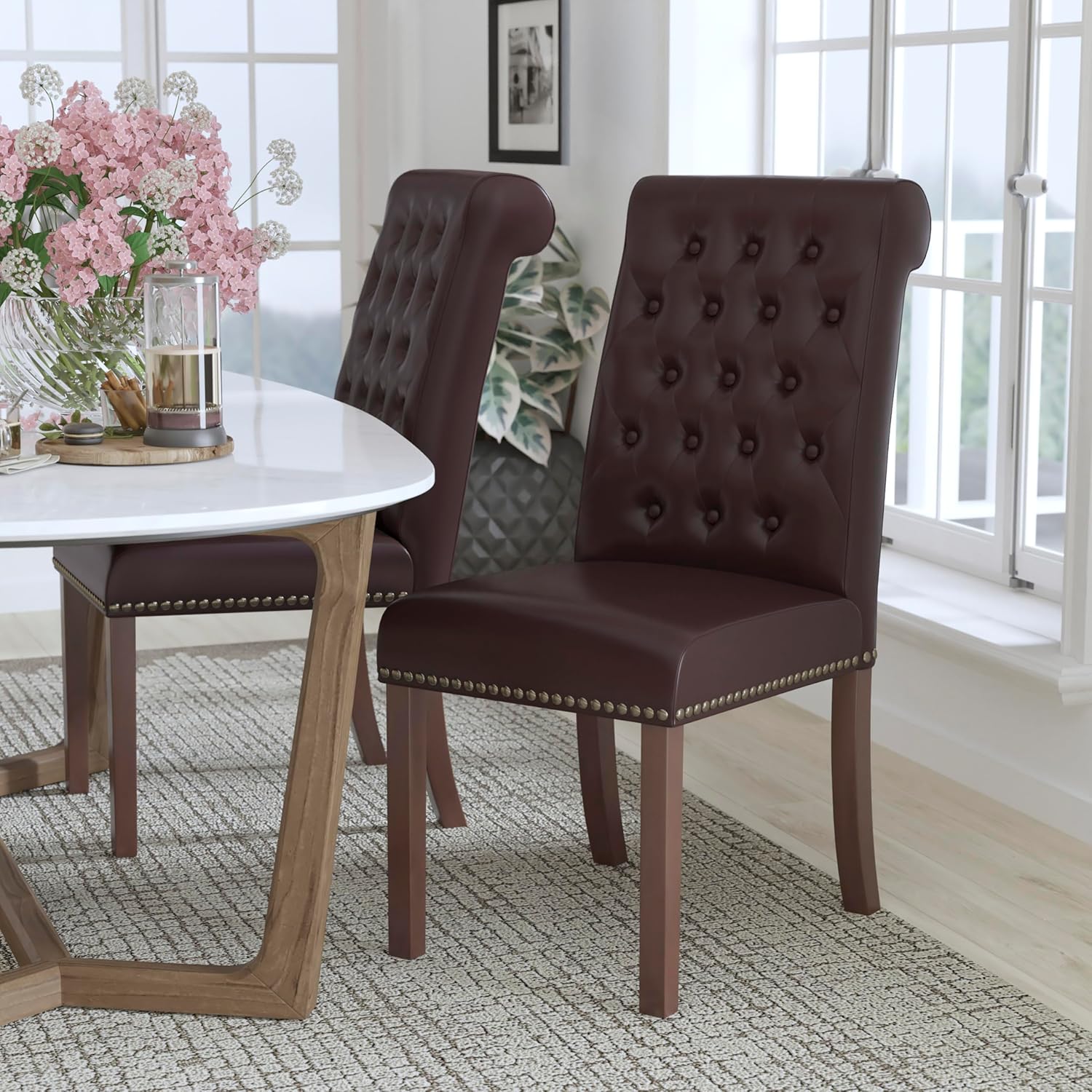 EMMA + OLIVER Brown LeatherSoft Tufted Parsons Chair with Rolled Back & Nail Trim