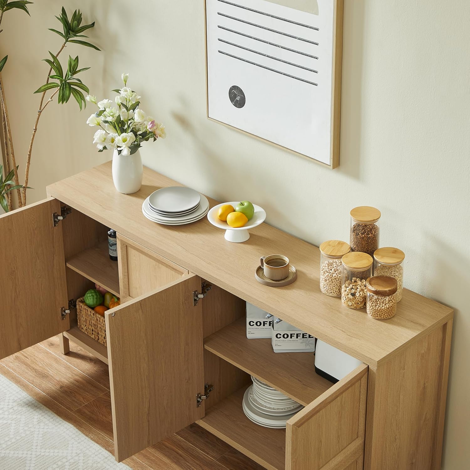 KEIKI 67'' Sideboard Buffet with Storage, Modern Accent Sideboard Buffet Table with Tip-On Doors, Anti-Tip Wall Mount, Console Table Credenza for Living Room, Kitchen, Hallway, Entryway, Oak