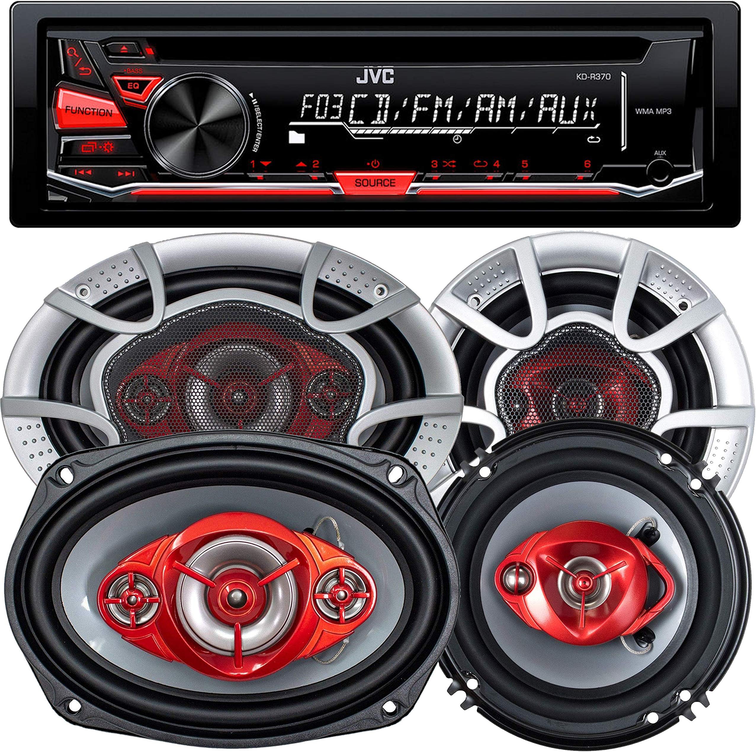 JVC KD-R370 Single Din in-Dash CD/Am/FM/Car Stereo W/Detachable Faceplate + 520 Watts 6x9 Inches (2 Speakers) + 350 Watts 6 Inches (2 Speakers)