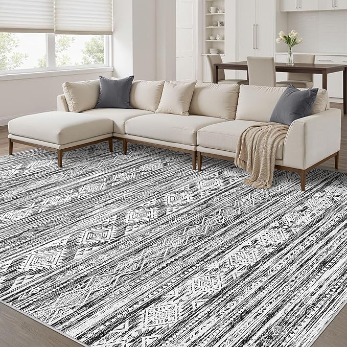 Nakagishi 5x7 Area Rugs Living Room: Washable Large Neutral Soft Rug Stain Resistant Non-Slip Carpet for Men Modern Home Enthusiasts Aged 25-45 - High Traffic Areas - Bedroom Office- Black White