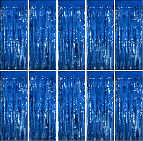 Cortina de oropel para fiesta, telón de fondo azul para decoración de cumpleaños, 10 paquetes de cortinas de flecos de papel de aluminio con