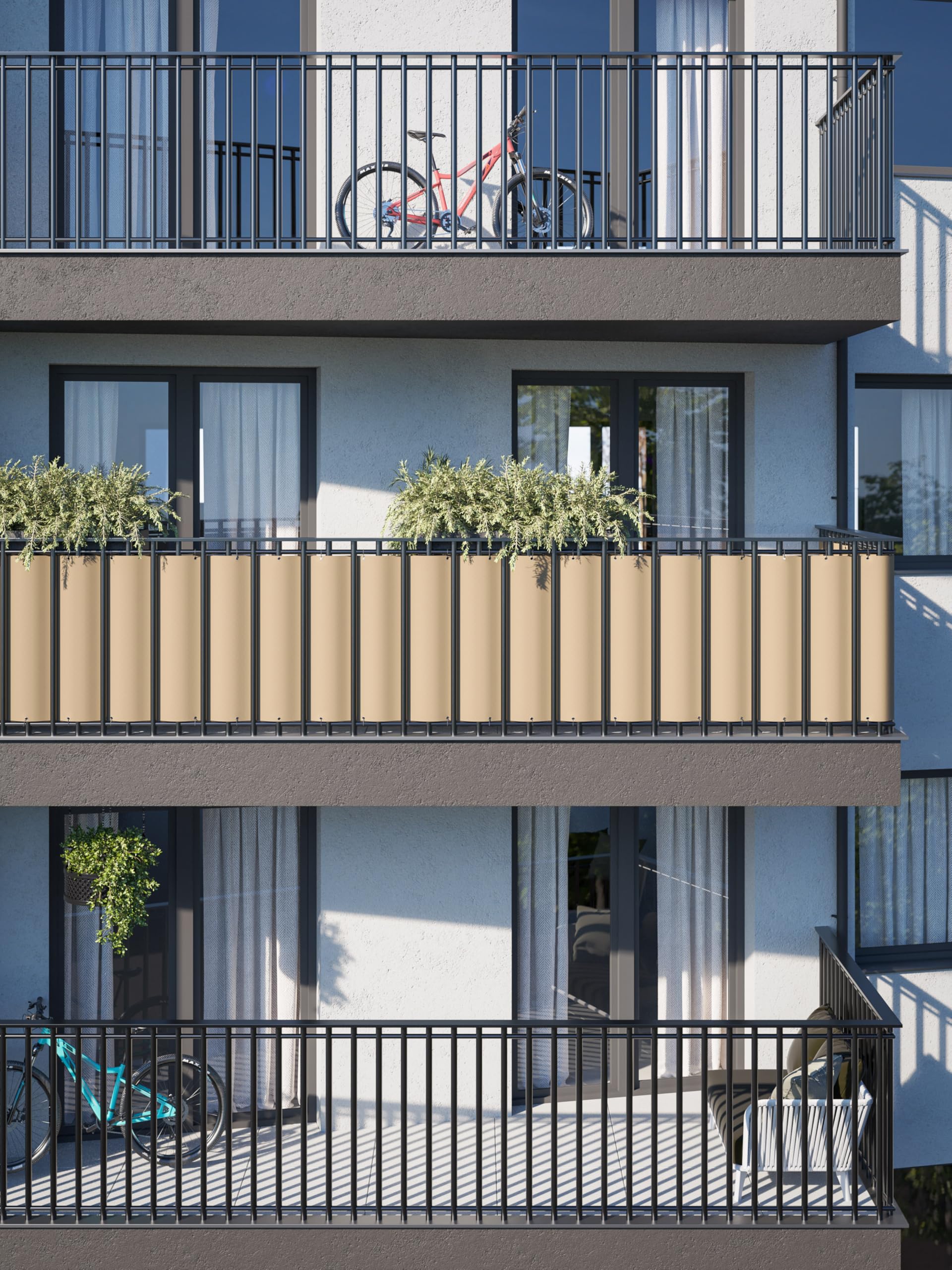 Balkon-Sichtschutz Ohne Bohren - 65x1500 Cm, Beige, UV-beständig, Mit Ösen & Kabelbindern