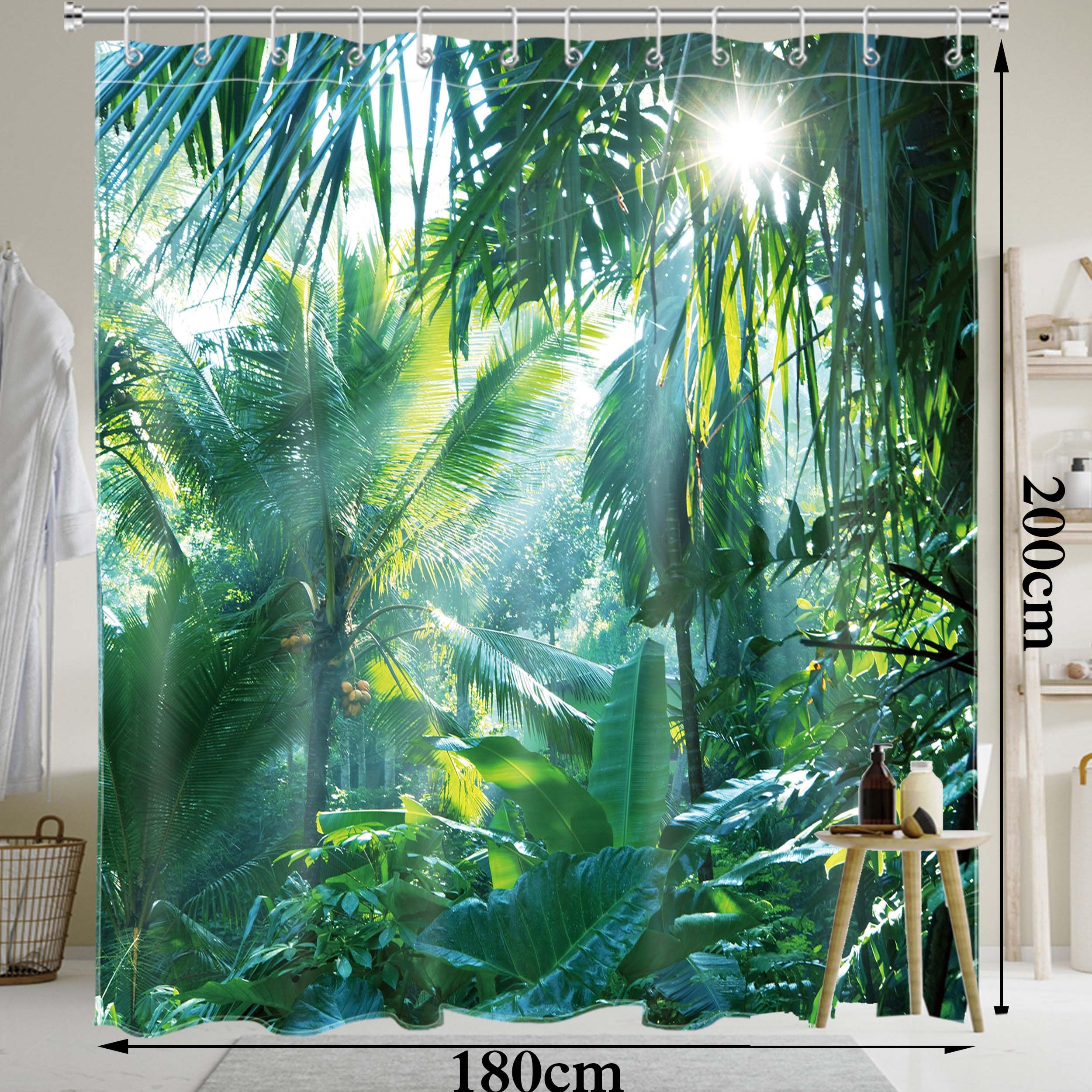 LB Tropical Forest Shower Curtain Banana Leaf Waterproof Bathroom Curtain with 12pcs Hooks,71x78 inches Extra Long Green Jungle Anti Mould Polyester Fabric Bath Curtains - Image 2