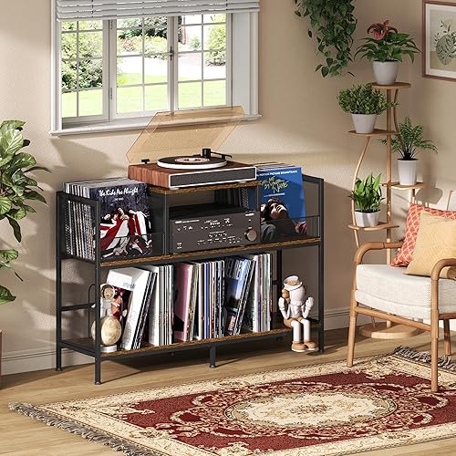 Miniatura 2 de Mesa grande para tocadiscos vintage con 4 divisores ajustables, armario de almacenamiento de discos de vinilo para hasta 350 álbumes, soporte