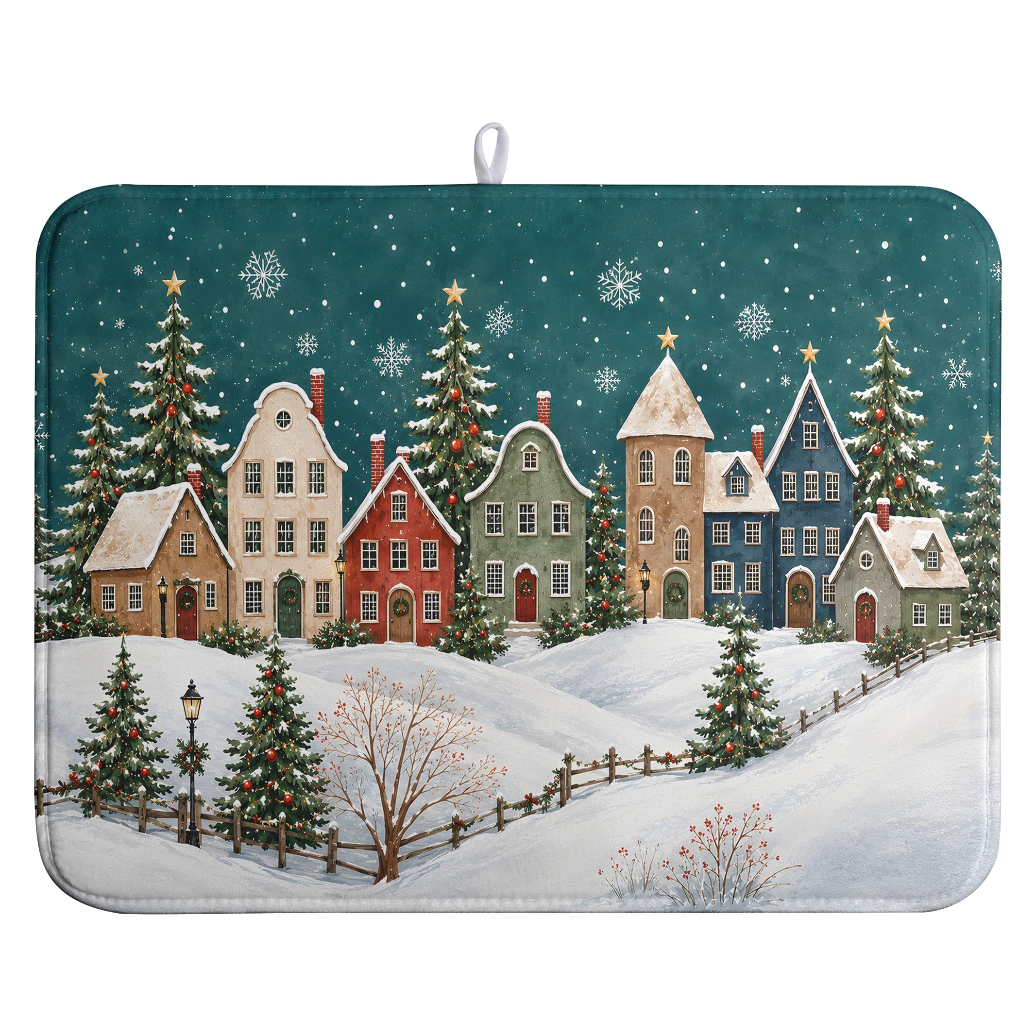 Winter Christmas Dish Drying Mats Xmas Forest House Dish Mat Snowflake Drying Matt Dishes Dryer Pad for Kitchen Counter Absorbent Microfiber Washable Foldable Reusable 18x24 in
