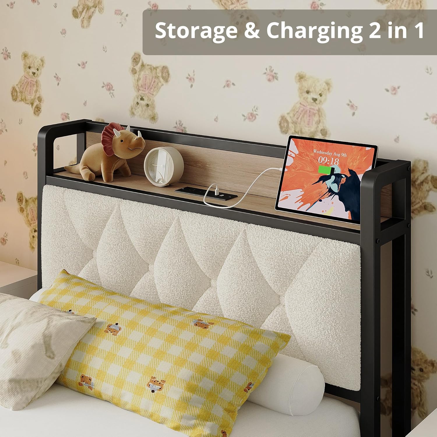 ANCTOR Twin Size Bed Frame, Storage Headboard with Charging Station, Platform Bed Frame with Strong Metal Support, Sturdy and Stable, Noise Free, No Box Spring Needed, Easy Assembly, Wood and Cream