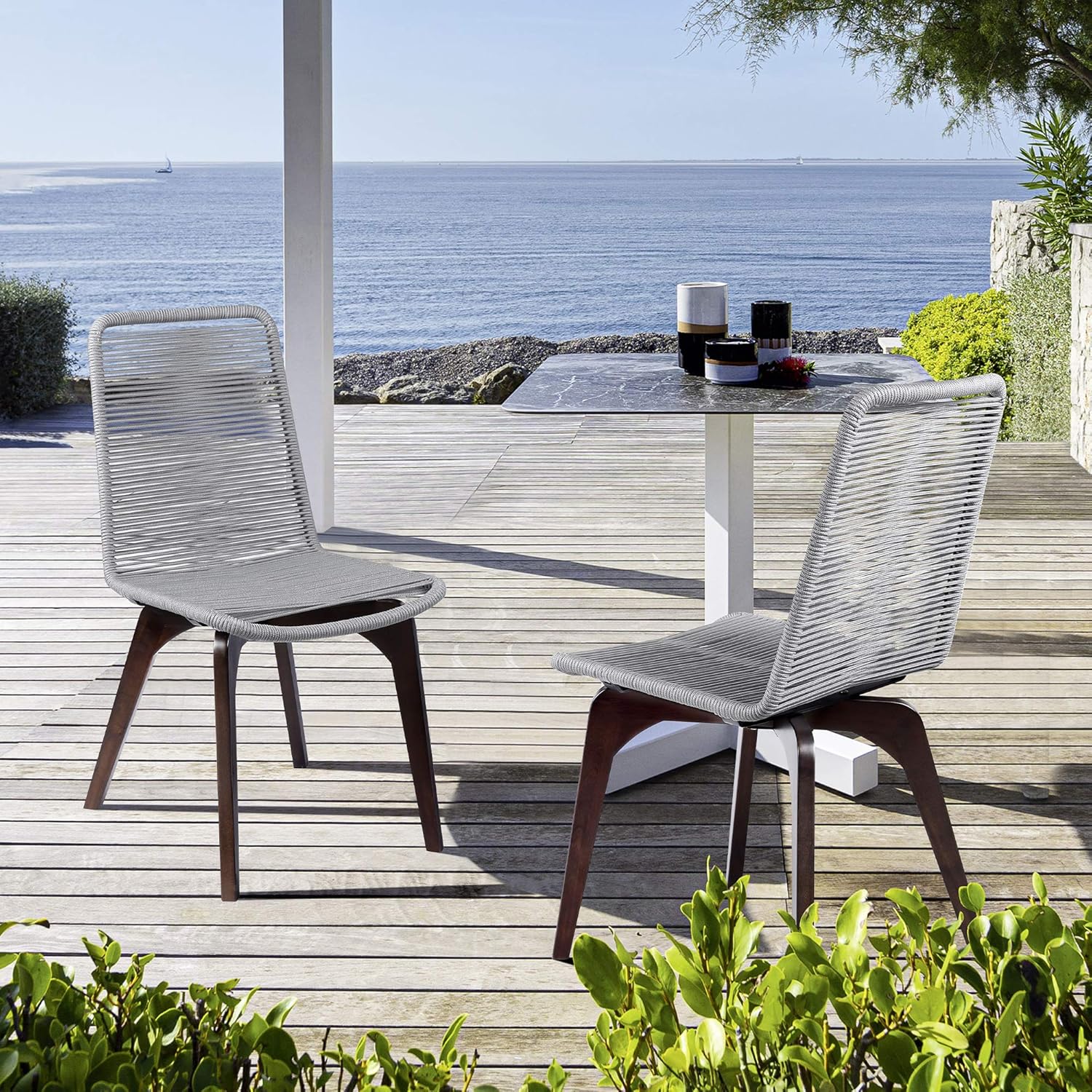 Island Outdoor Dark Eucalyptus Wood and Silver Rope Dining Chairs - Set of 4