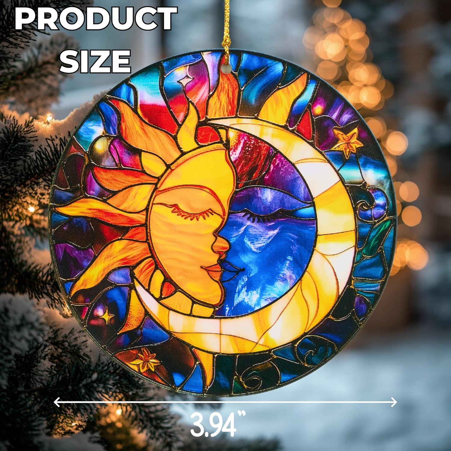 Sun and Moon Christmas Ornaments Decorative Ornament Round Acrylic Stained Glass Effect Window Hanging for Celestial Decor Moon Decor Sun Decor Sun, Hanging Tree Thanksgiving Gifts - Image 2