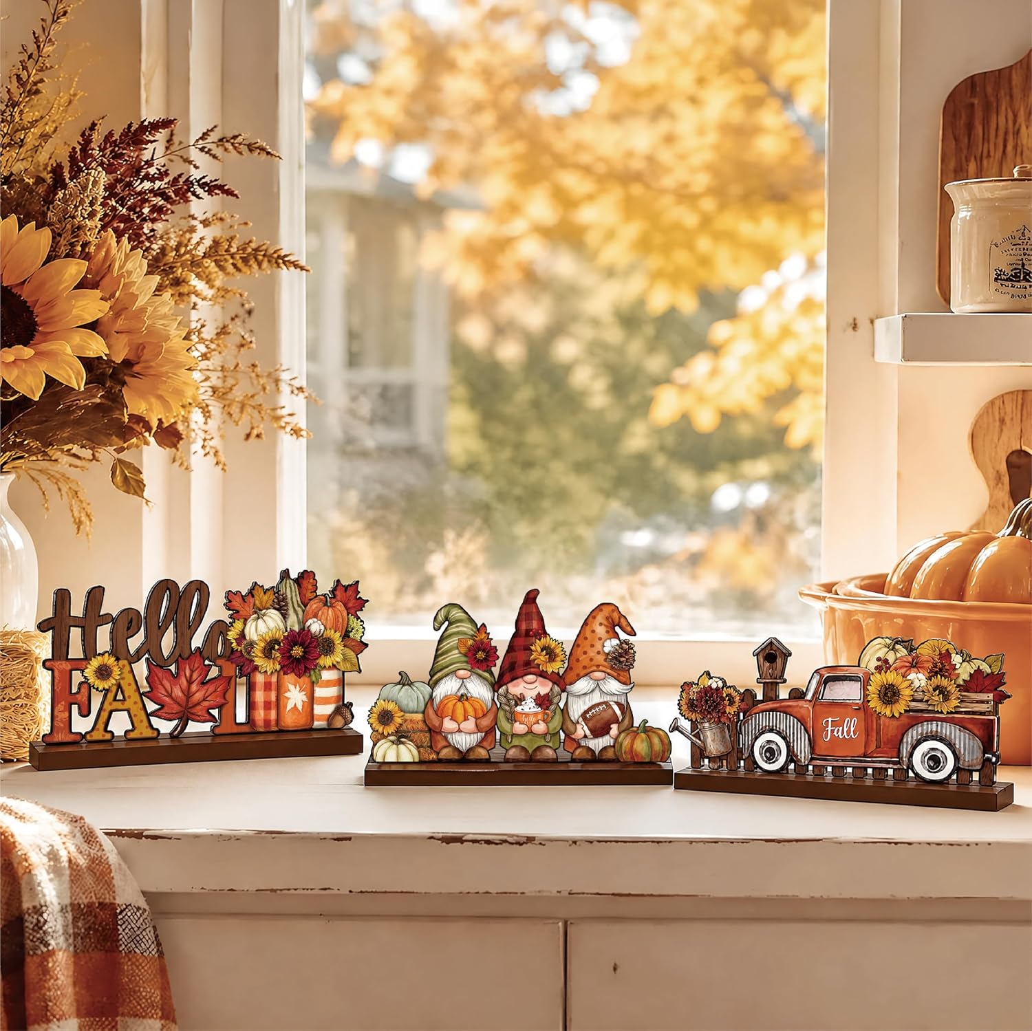 3 Pcs Fall Centerpieces for Tables, Wooden Autumn Decorations for Home