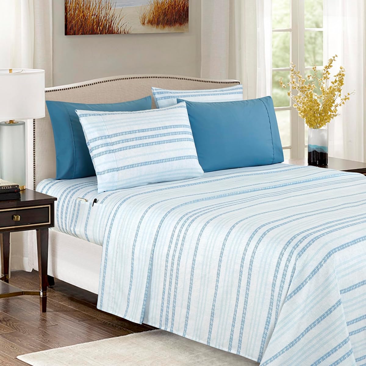 Elegant Comfort 6-Piece Sheet Set Deep Pocket Stripe, Queen, Traci Aqua