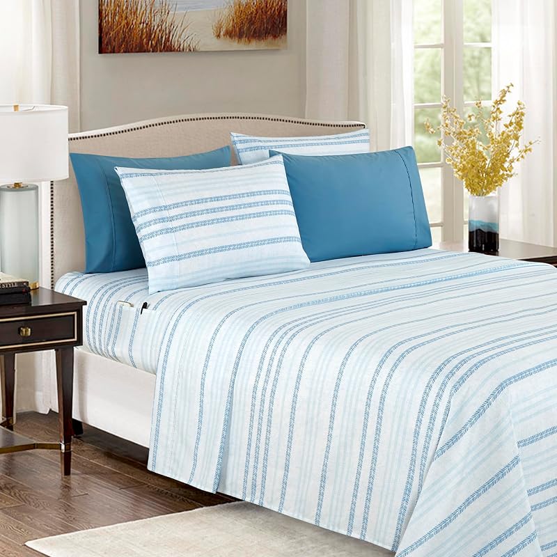 Elegant Comfort 6-Piece Sheet Set Deep Pocket Stripe, Queen, Traci Aqua