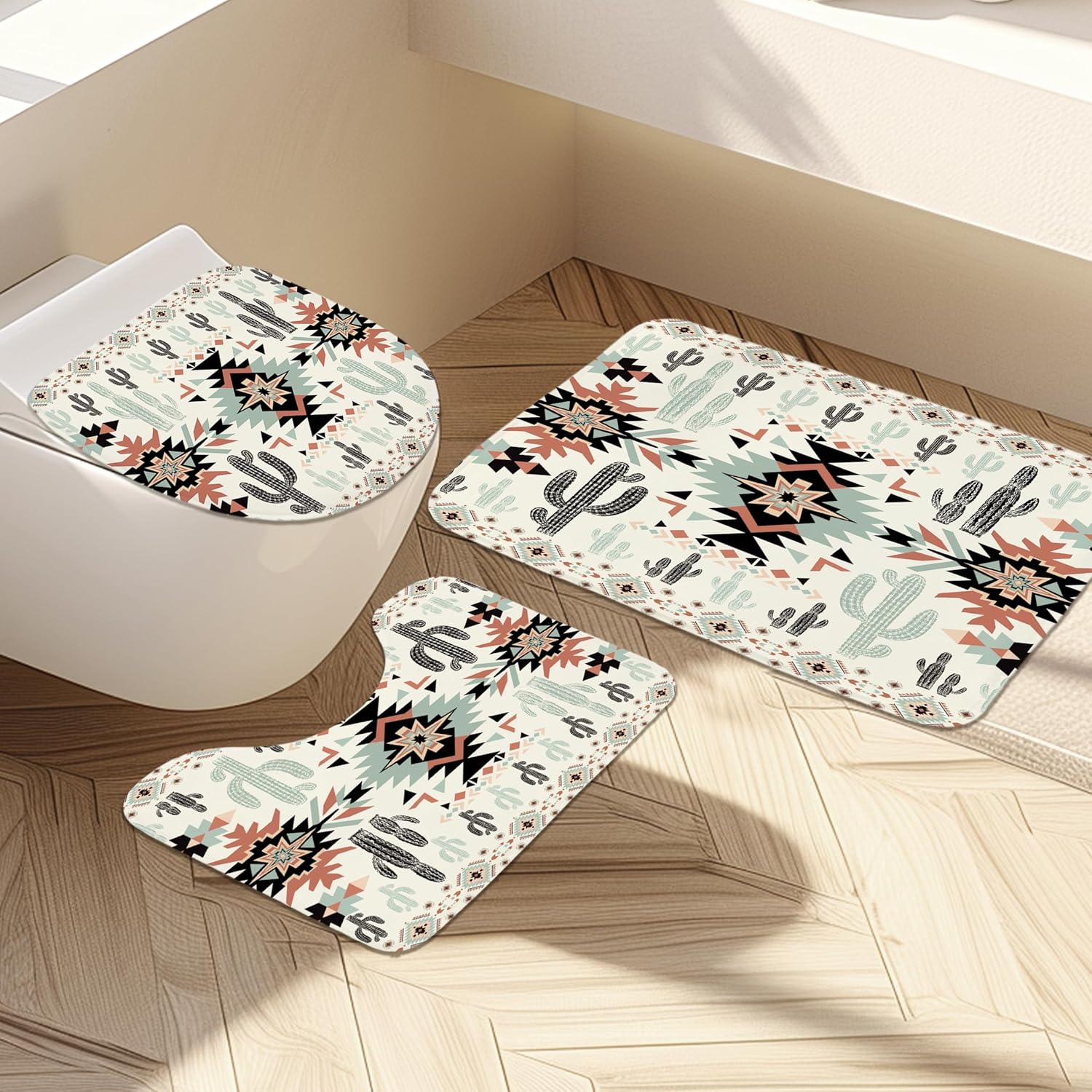 Newsely Western Aztec Cactus Shower Curtain Set with Non-Slip Rugs, Toilet Lid Cover and Bath Mat, Southwestern Tribal Geometric Ethnic Shower Curtain with 12 Hooks, Boho Curtain for Bathroom Decor