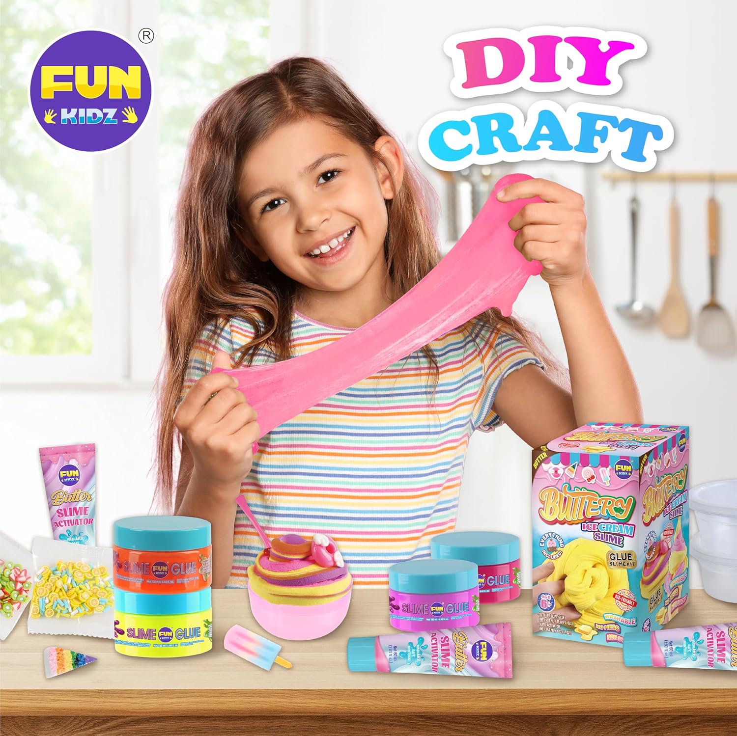 1:1 Buttery Glue Slime Kit for Kids Ages 8-12, FunKidz Ice Cream Slime Making Kits for Girls Toys Includes 19 Pieces Supplies to Make Butter Slime Activity Party Gifts