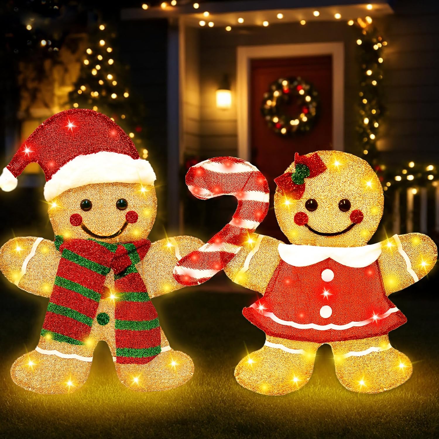Gingerbread Christmas Decorations Outdoor, 2D Gingerbread Outdoor Decor with 70 LED Lights, Light Up Christmas Decorations for Front Yard, Lawn, Porch