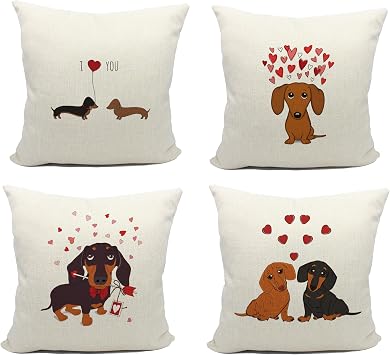 Mancheng-zi Dachshund Pillow Covers 18x18 Set of 4, Black and Tan Valentine Throw Pillow Covers, Decor Gifts for Women Men