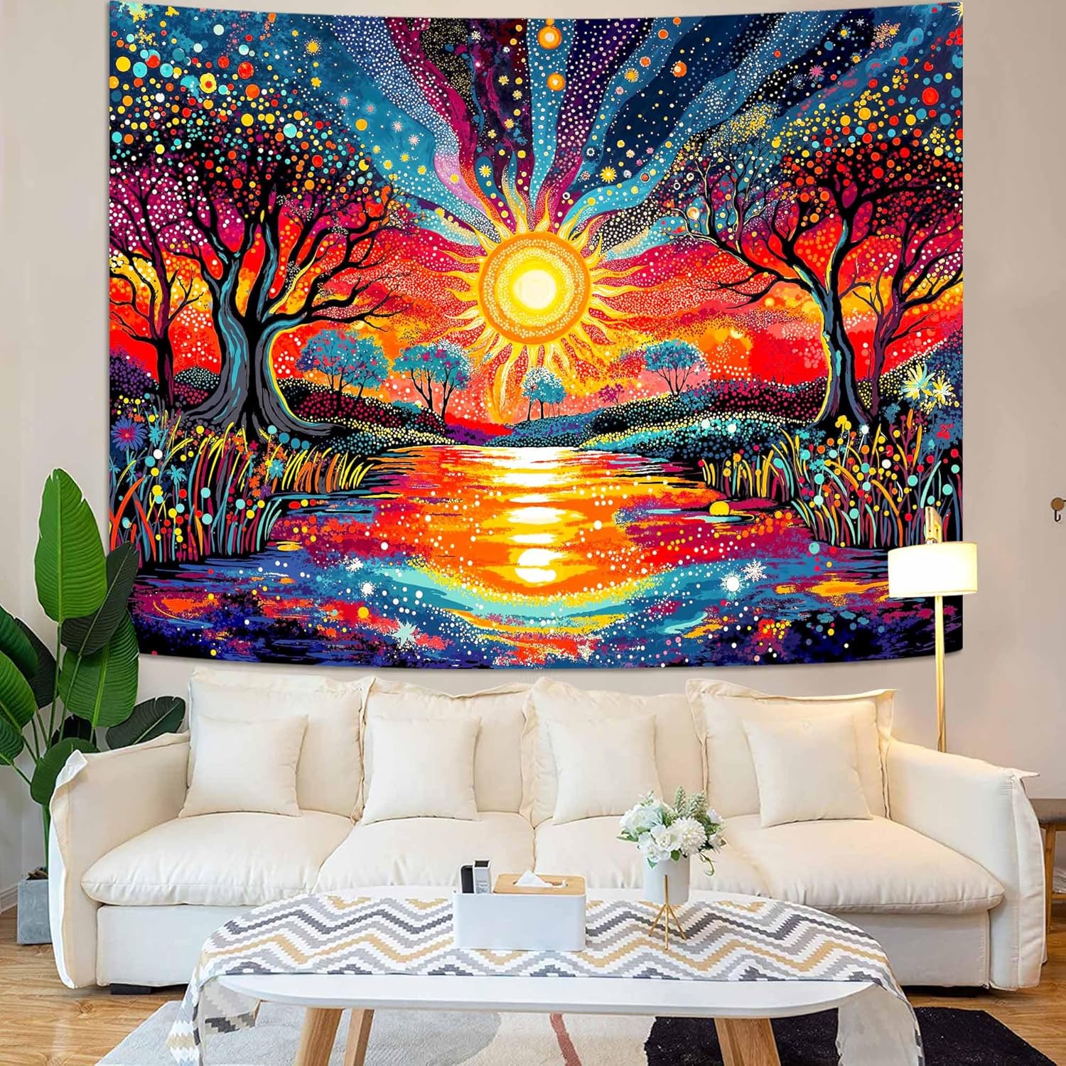 Kanuyee Abstract Sunrise Mountain Tapestry, Vibrant Sky Landscape Tapestries for Wall Decor, Colorful Tapestry 90x70 Inch