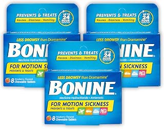 Bonine Non-Drowsy Motion Sickness Relief - 3 Pack - Chewable Tablets with Meclizine HCL 25mg - Non Drowsy Medicine for Nausea or Motion Sickness- Cruise Essentials - Raspberry - 3 Pack, 8ct
