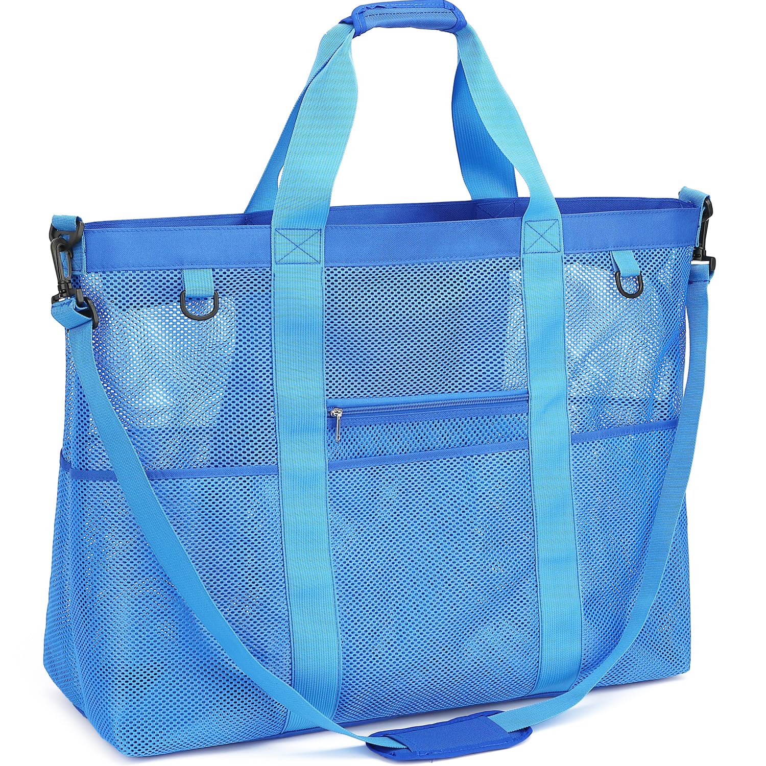 Fammart Mesh Beach Bag for Women, Large Beach Toy Pool Bag with Zipper Pocket, SandProof Cruise Essentials 2026 Family Travel Xxl, Zipper Closure - Blue