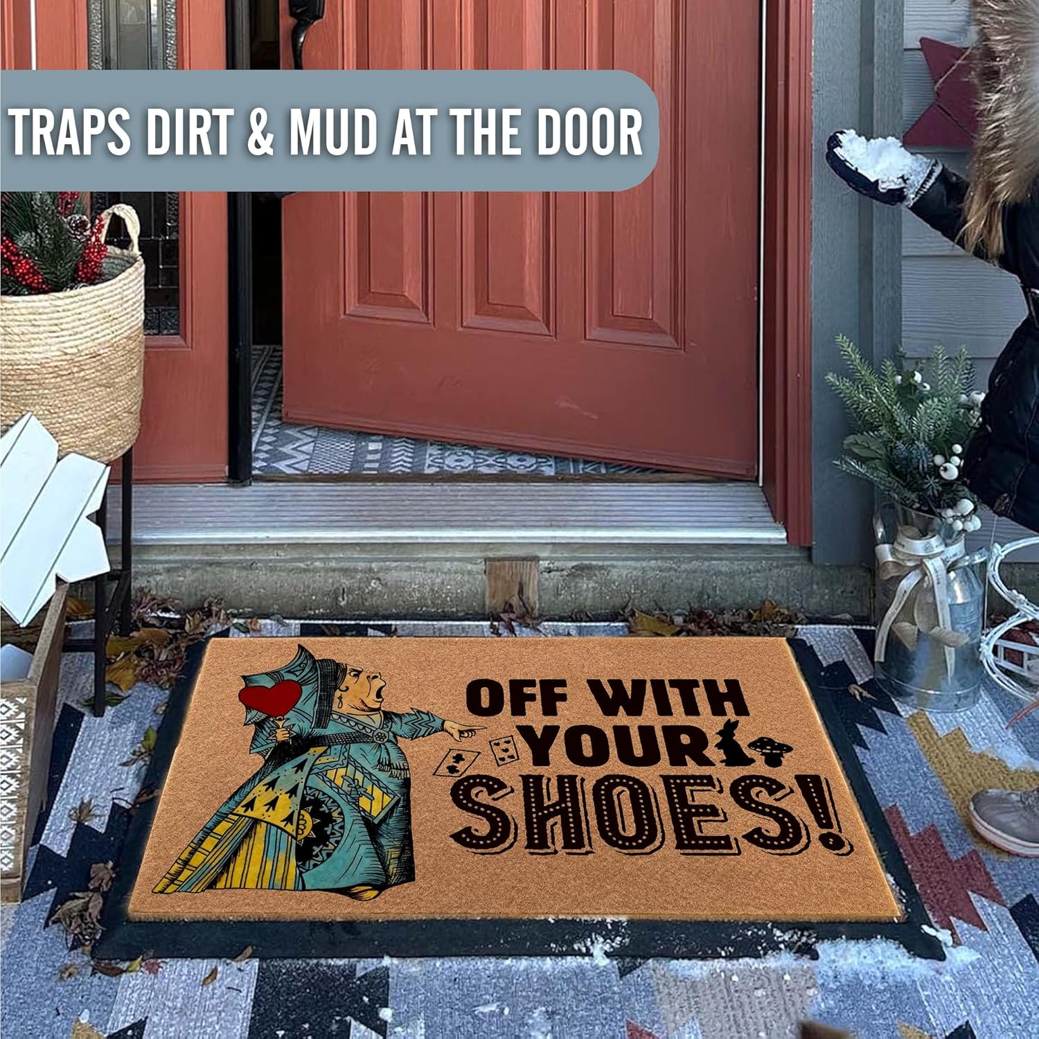 Off with Your Shoes Heavy Duty Rubber Door Mat 30x18 Inch - All-Weather Outdoor Doormat for Front Entrance - Slip Resistant, Low Profile & Water Resistant Entryway Rug for Garage, Patio & Mudroom