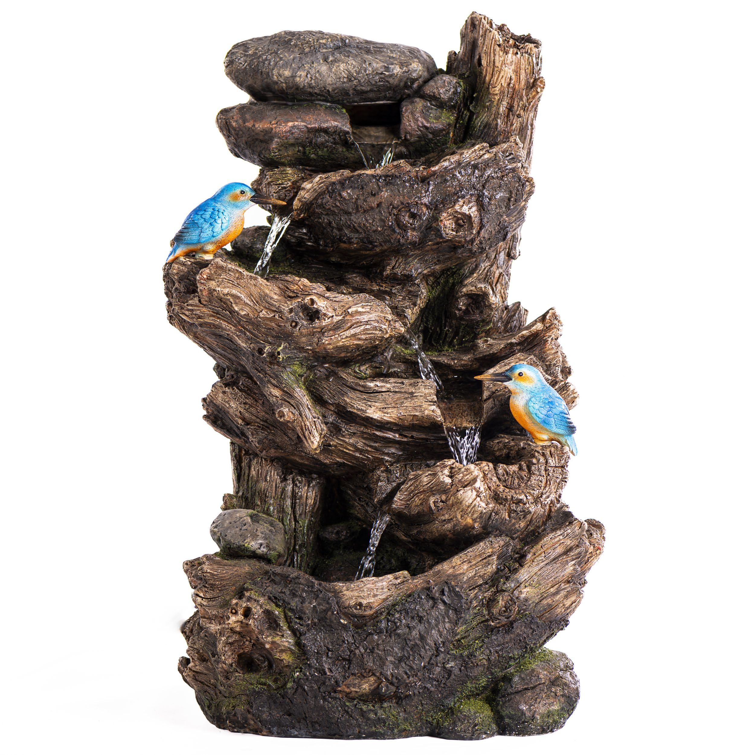 Serenity Water Features Brown Serenity Cascading Tree Trunk Water Feature With Led Lights And Two Kingfishers – Garden Fountain, Rustic Outdoor Ornament, Mains Powered With Pump, 63Cm Decorative Polyresin Fountain