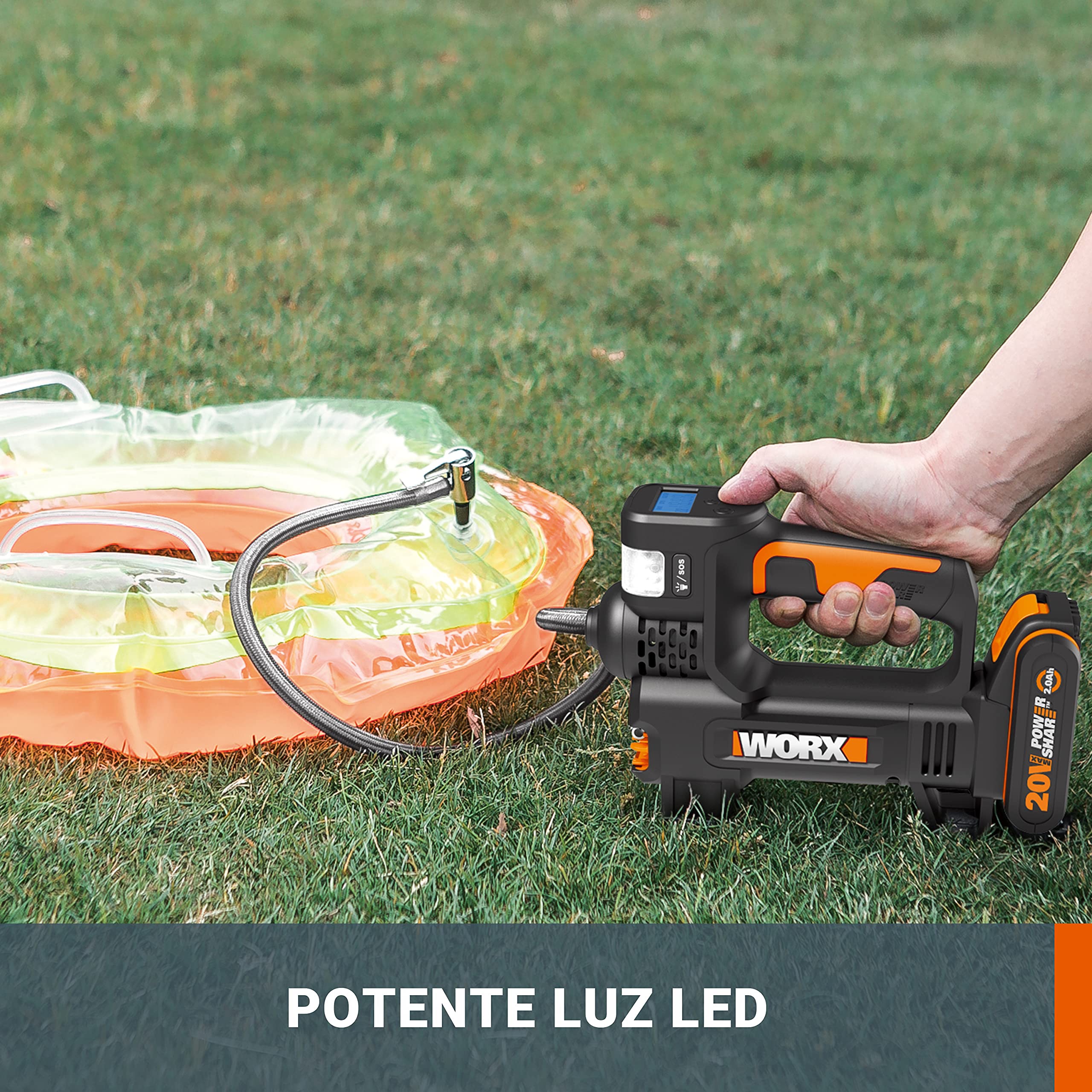 WORX 18V(20V MAX) Inflador sin Cable, Powershare, Potente Luz Led y Luz de Emergencia SOS, Alta Presión Máx. 150 PSI, 1 Batería incluida, WX092