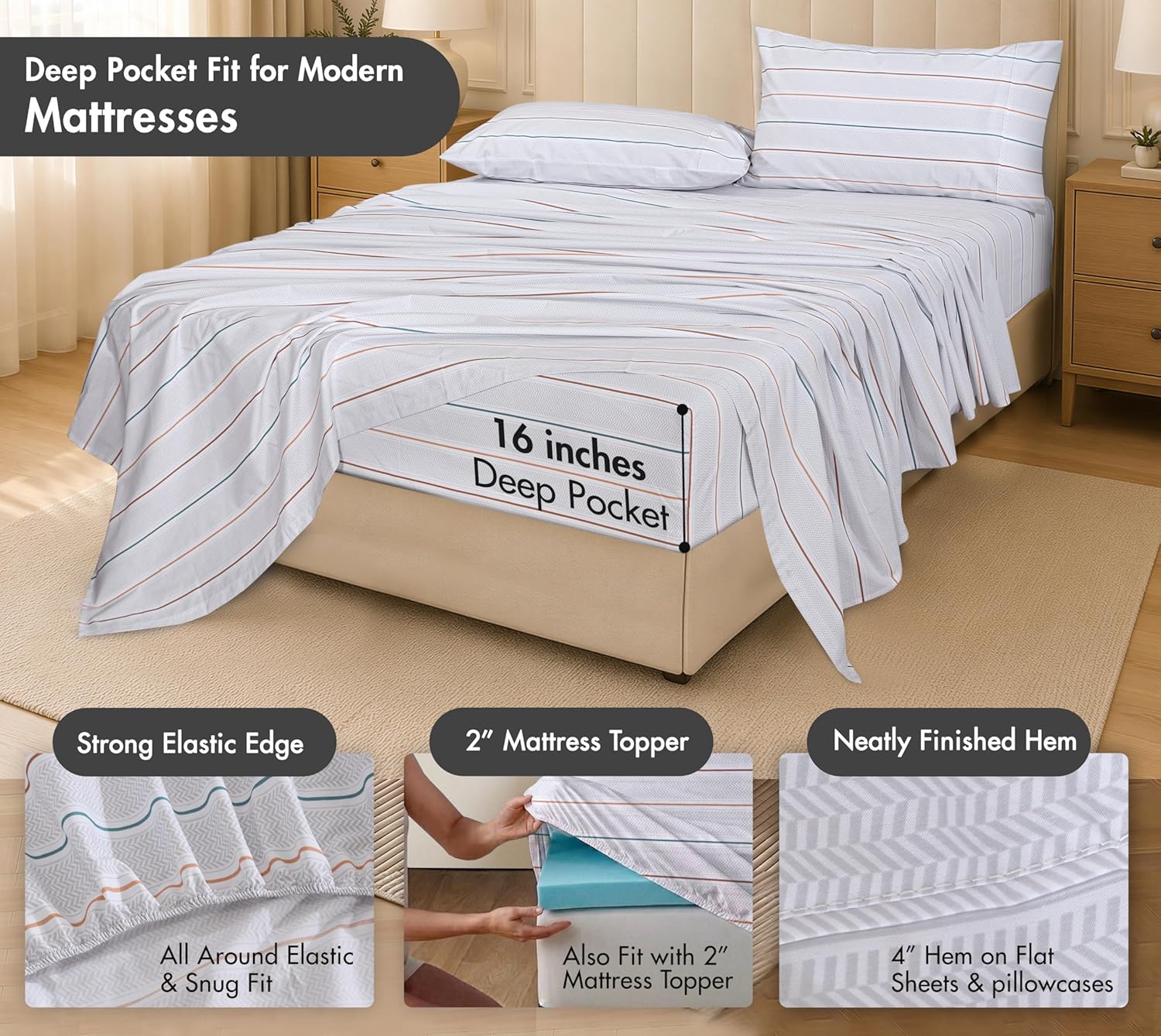 RUVANTI 100% Cotton Percale Sheets Twin Size – Crisp Cooling Bed Sheets for Hot Sleepers, Deep Pocket 16”, Soft Breathable & Durable Hotel-Style 3 Piece Set, Chevron Twill Stripe thumbnail