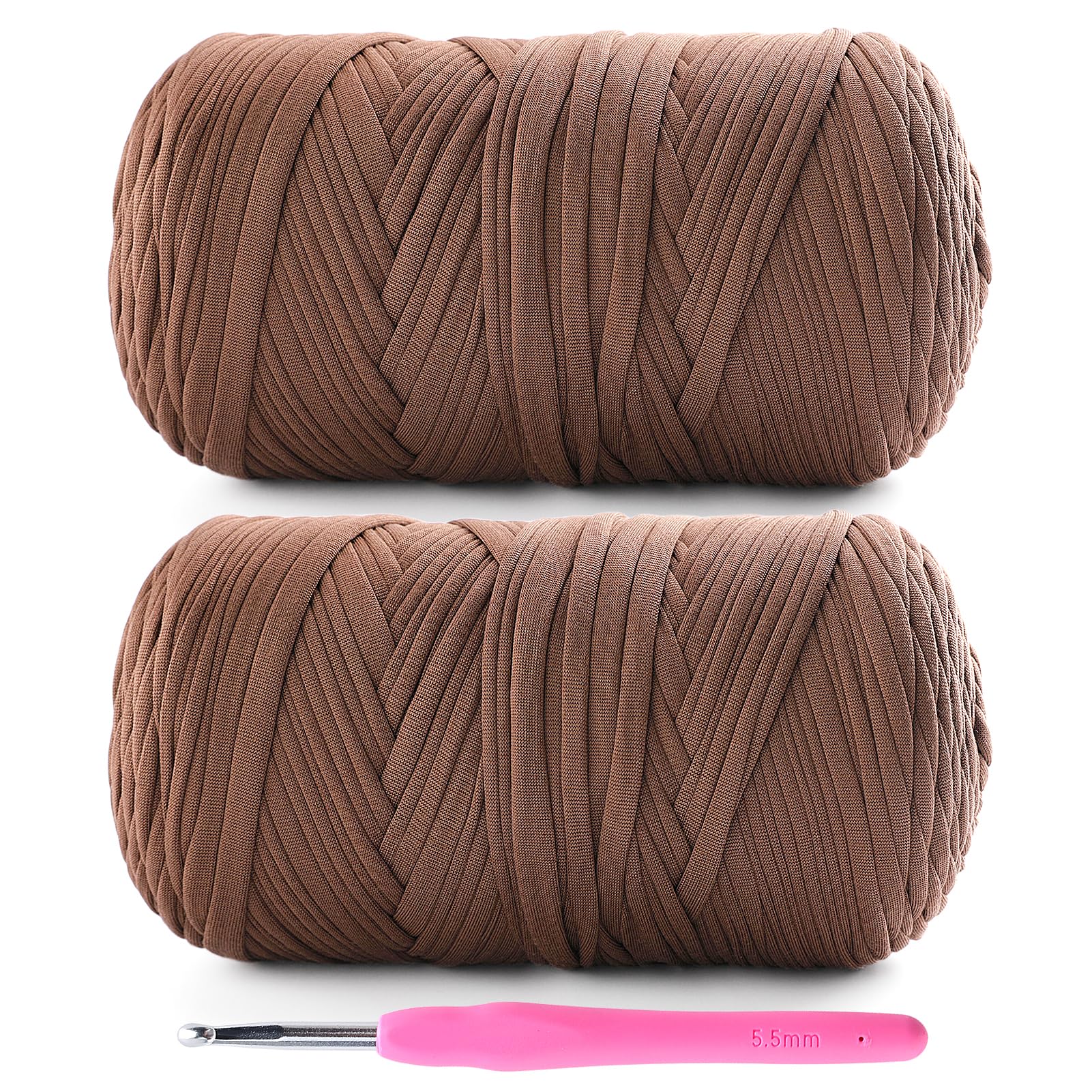 2 Pack T-Shirt Yarn for Crochet - 800 g/260 yds, Coffee, Soft Elastic Fabric, 1 Crochet Hook (2, G/6)