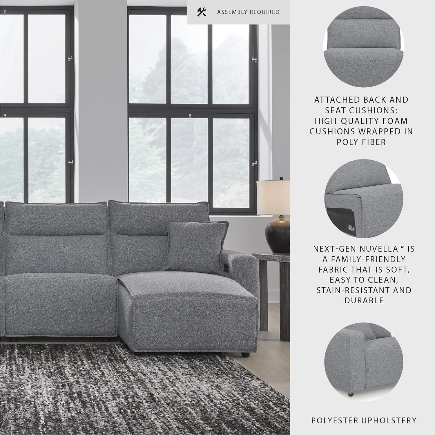 Signature Design by Ashley ModMax II Stain Resistant Modern Modular 4-Piece Power Reclining Sectional with Chaise, Adjustable Headrest, USB Ports and 2 Accent Pillows, Gray