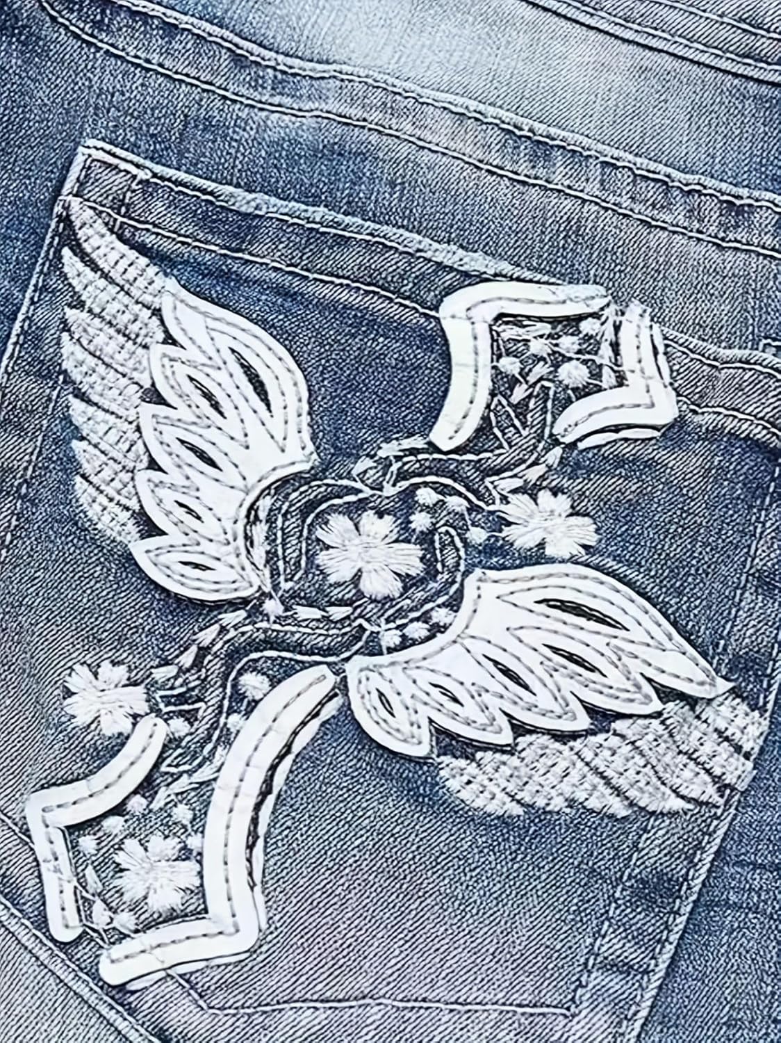 Women's High Waisted Flare Jeans - Light Wash Denim Pants with Wing Cross Embroidery & Curvy Fit