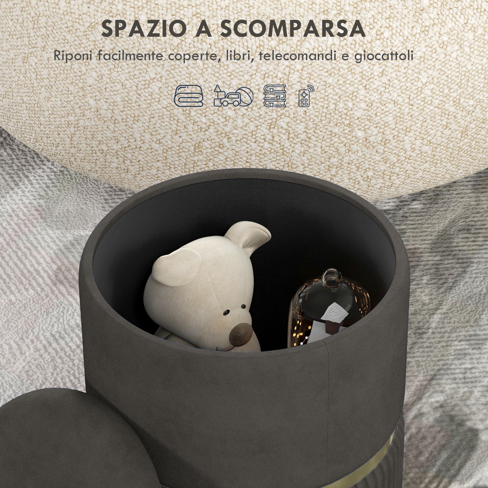 HOMCOM Pouf Contenitore per Soggiorno, Ingresso e Camera da Letto, Pouf Portaoggetti in Tessuto Effetto Vellutato 120 kg max, 36x36x44 cm, Grigio