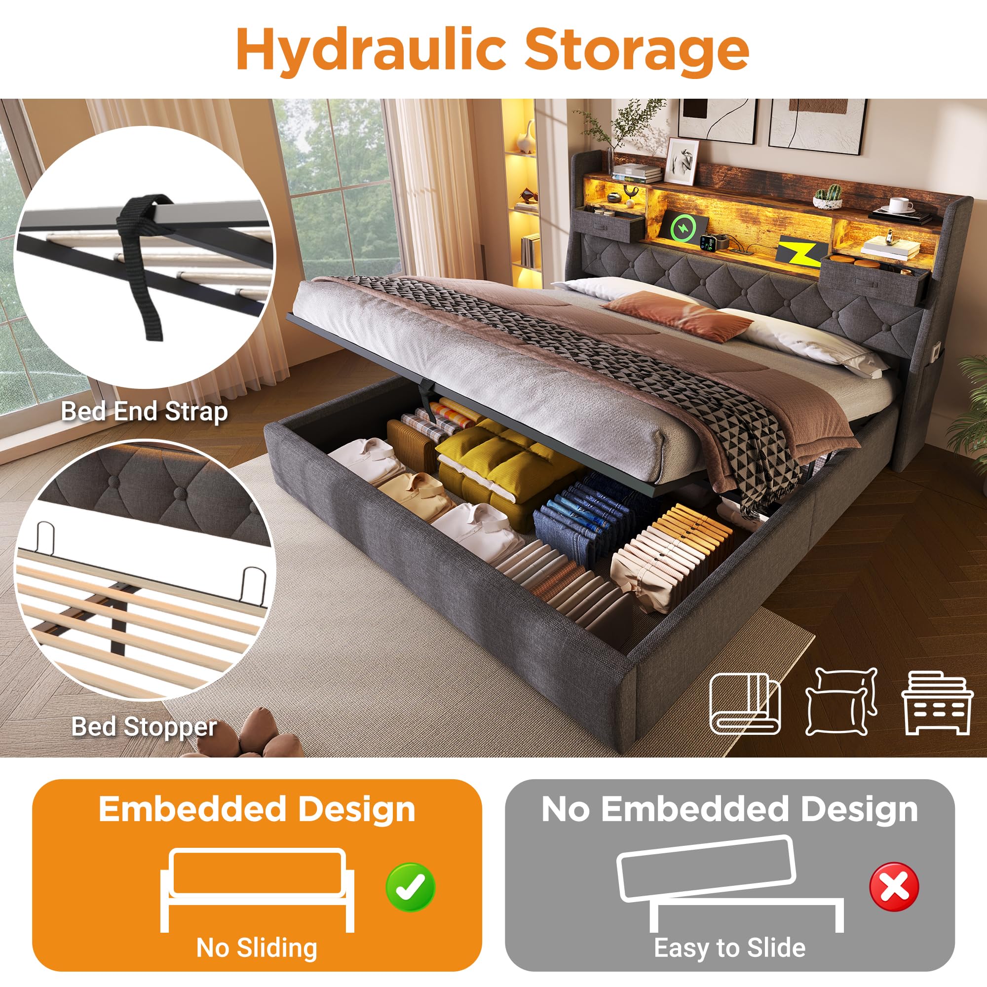 HESHU Polsterbett Bettgestell 180x200, Boxspringbett mit LED und Ladestation, Bettrahmen mit Stauraum Kopfteil, Jugendbett Stauraumbett Funktionsbett Doppelbett