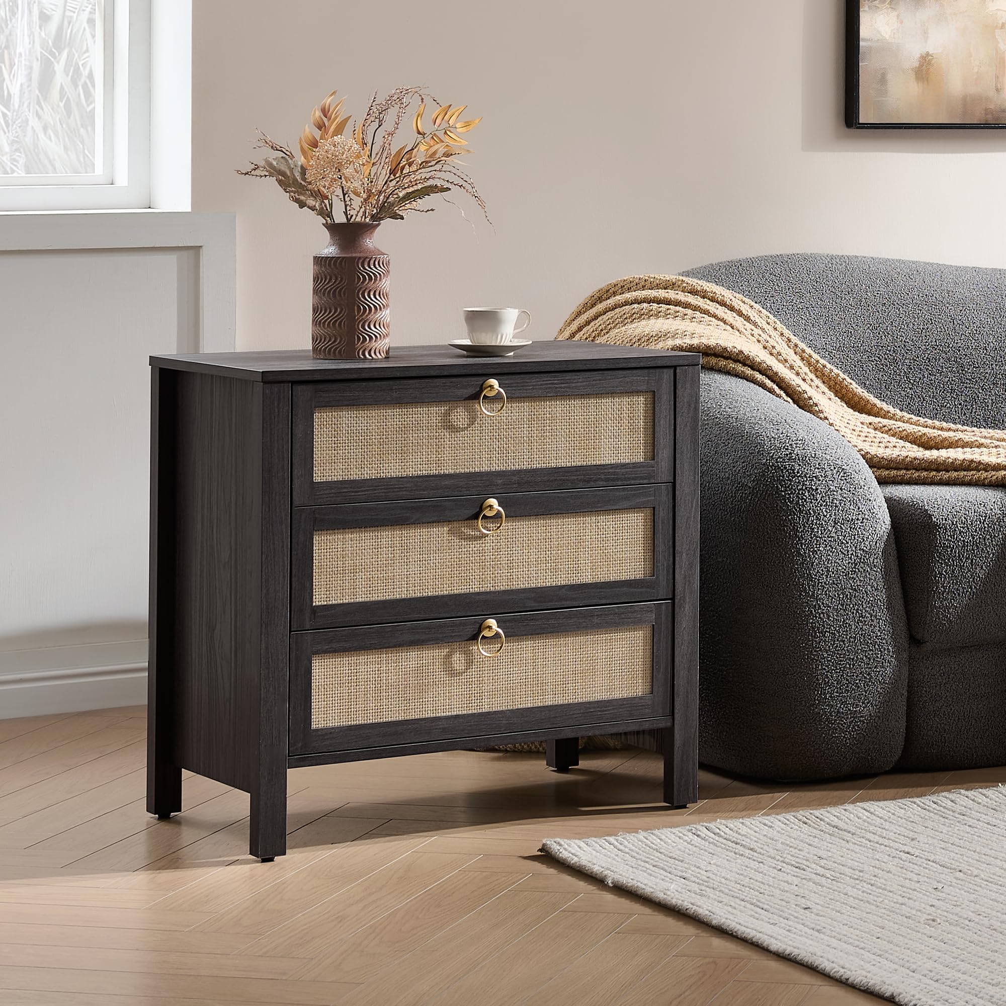 SICOTAS Night Stand with Drawers, Large Rattan Bedside Table with Golden Handle, 3 Drawers Nightstand Tall End Table Side Table Boho Nightstand for