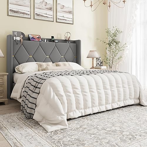 SHA CERLIN Queen Velvet Upholstered Bed Frame with Charging Station,