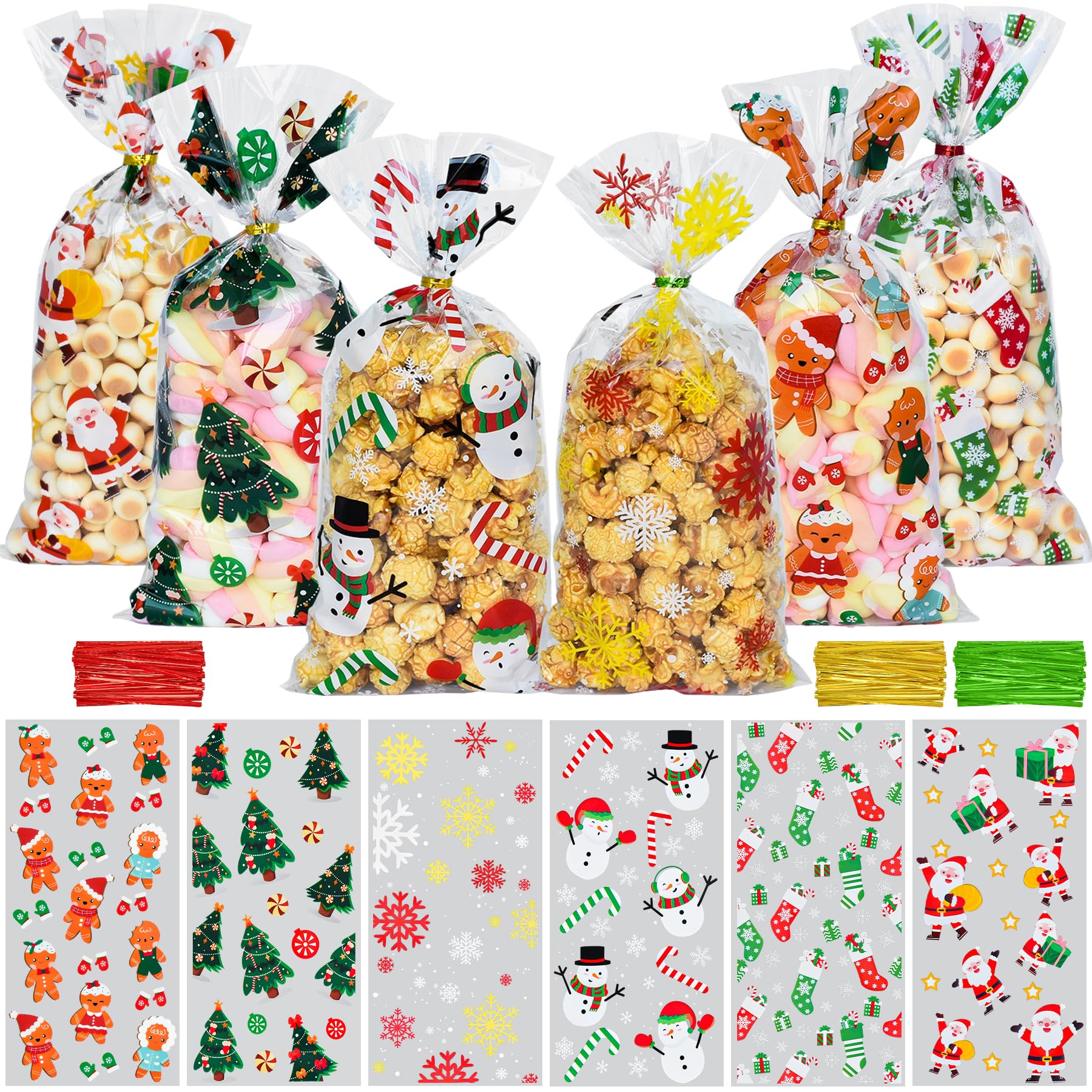 Tindobewan Christmas Treat Bags, 120Pcs Xmas Cellophane Goodie Bags with Twist Ties for Snacks Cookies Candy Gift Packing, Christmas Party Favors
