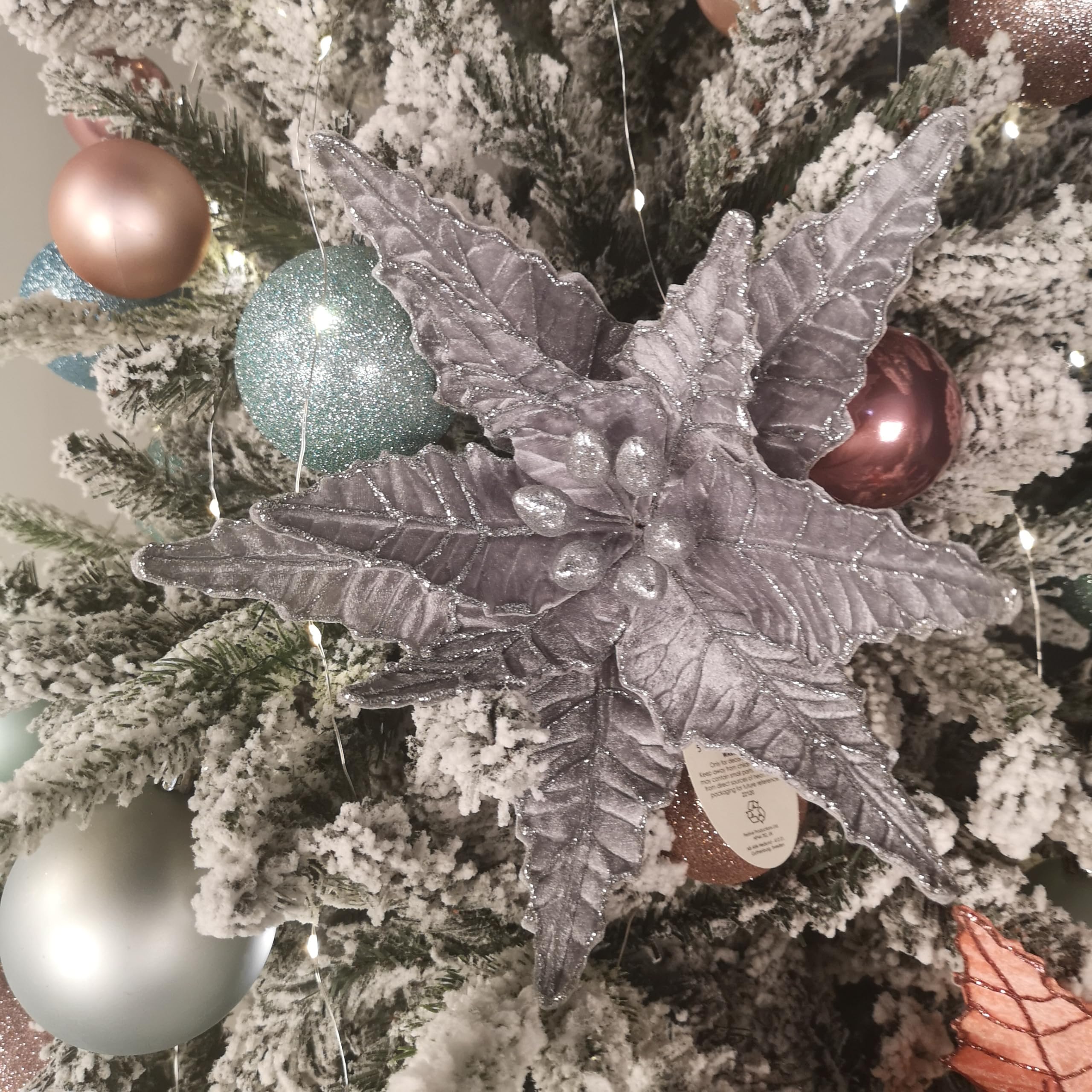 Samuel Alexander Silver Velvet Poinsettia Stem with Glitter - 50cm