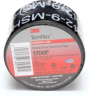 3M Temflex Mining-Grade Vinyl Electrical Tape 1700P, 1-1/2" x 66 feet, Printed, Black, 1 Roll