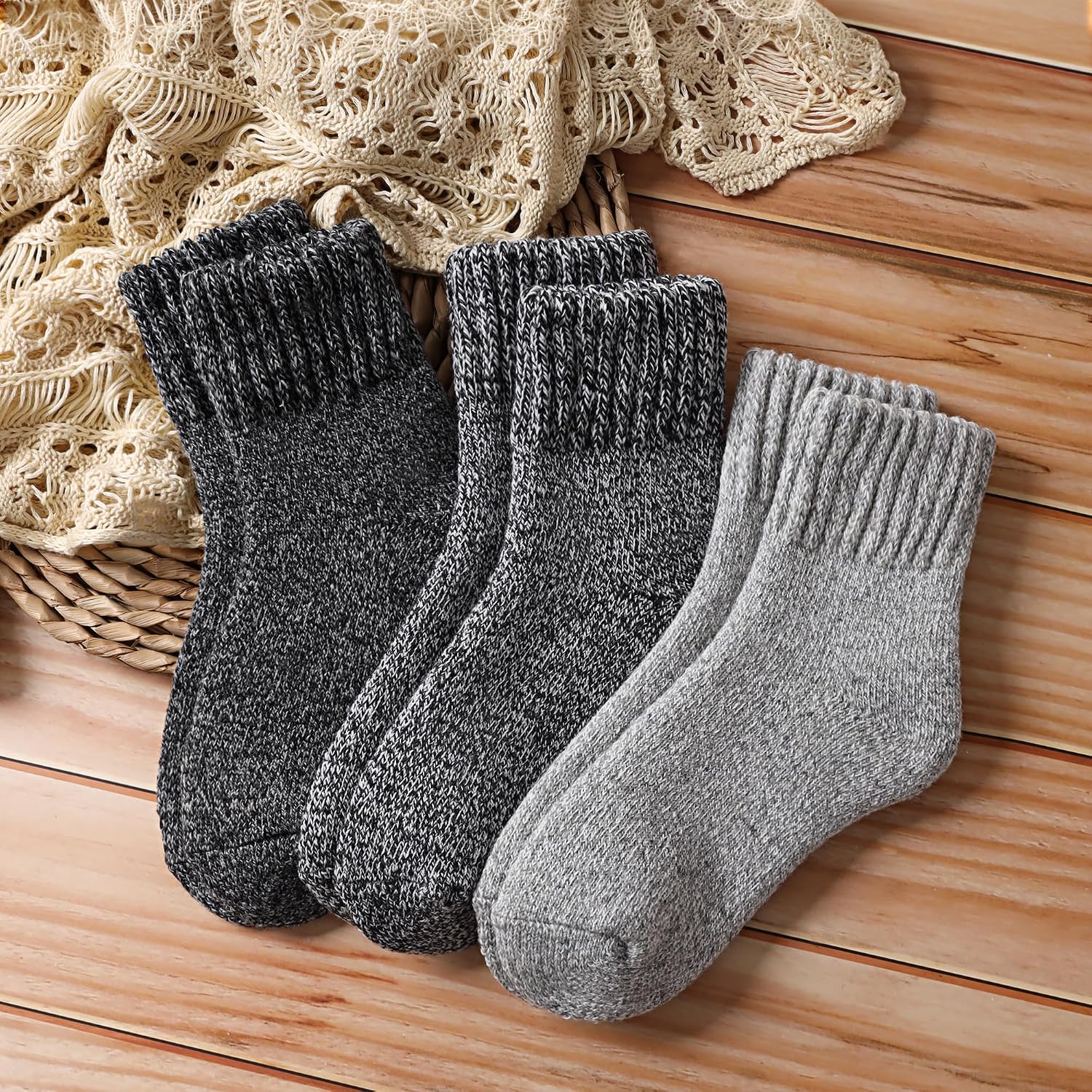 Tough Land Merino Wool Socks for Women 3 Pairs - Thick Cozy Crew Thermal Boot Socks for Hiking,Cabin Work,Gift,Everyday