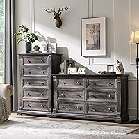 Vista 8 de Cómoda estilo granja de 6 cajones para dormitorio, cómodas y cajoneras grandes de 54" de ancho con columna romana, soporte de TV de madera