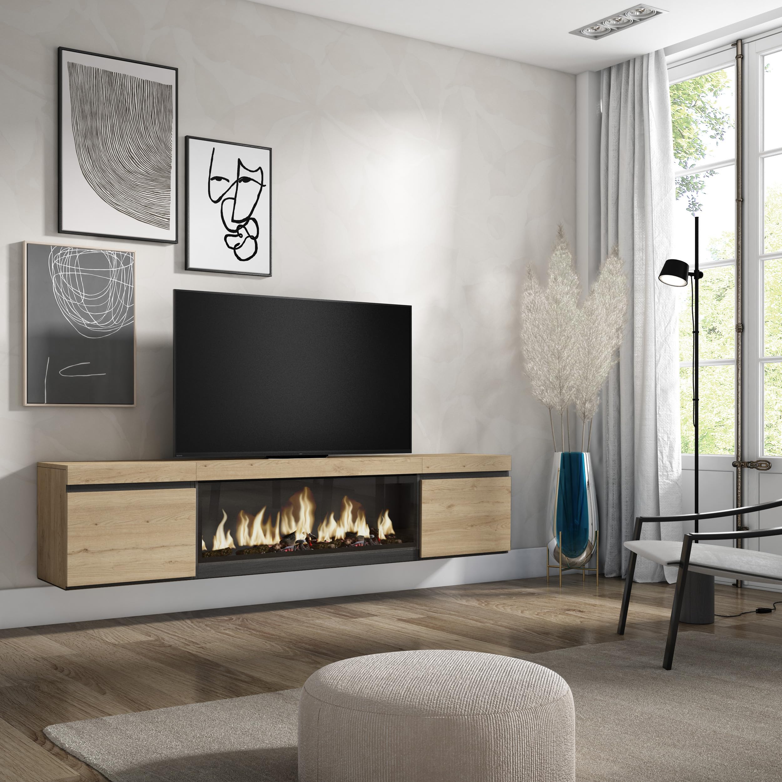 KAZZIO Stijlvolle tv-kast, lowboard, hoogglanzend, 200 cm, LED-verlichting, woonkamermeubel. Modern design. Elegant glazen oppervlak. (wit en natuurlijk