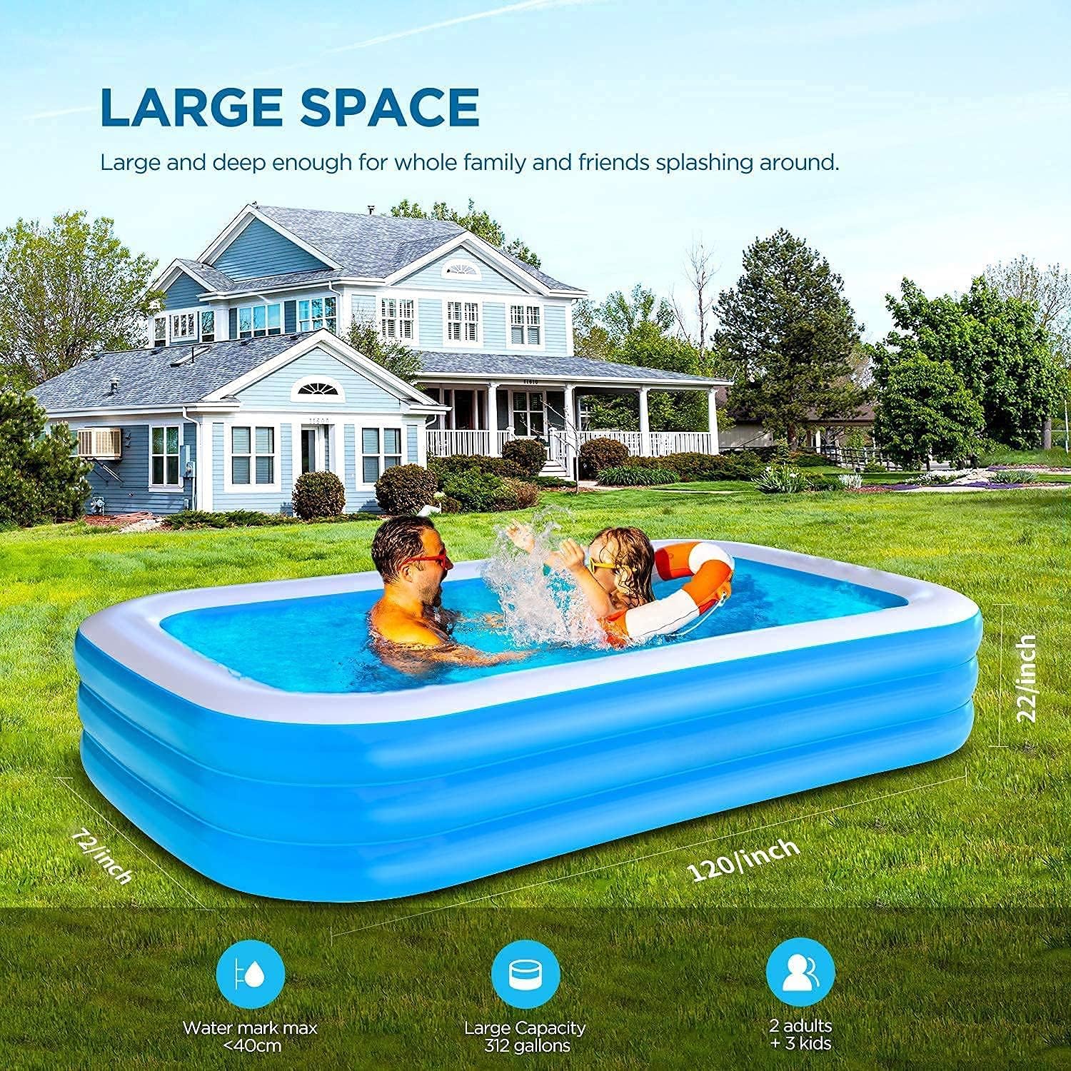 Inflatable Swimming Pool, 118" X 69" X 21" Full-Sized Family Kiddie Blow up Pool for Kids , Adults, Baby, Children, Thick Wear-Resistant Big Above Ground, Garden, Backyard Water Party for Age 3+