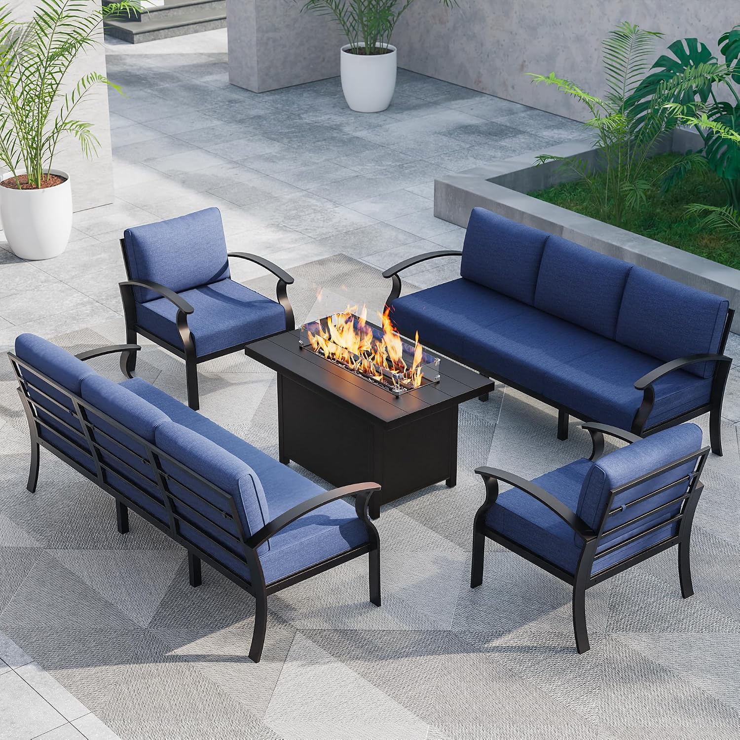 ALAULM Aluminum Patio Furniture Set with Propane Fire Pit Table 8-seat Metal Outdoor Furniture w/Fire Pit Patio Conversation Set w/5.1" Cushions for Patio, Backyard, Poolside-Dark Blue