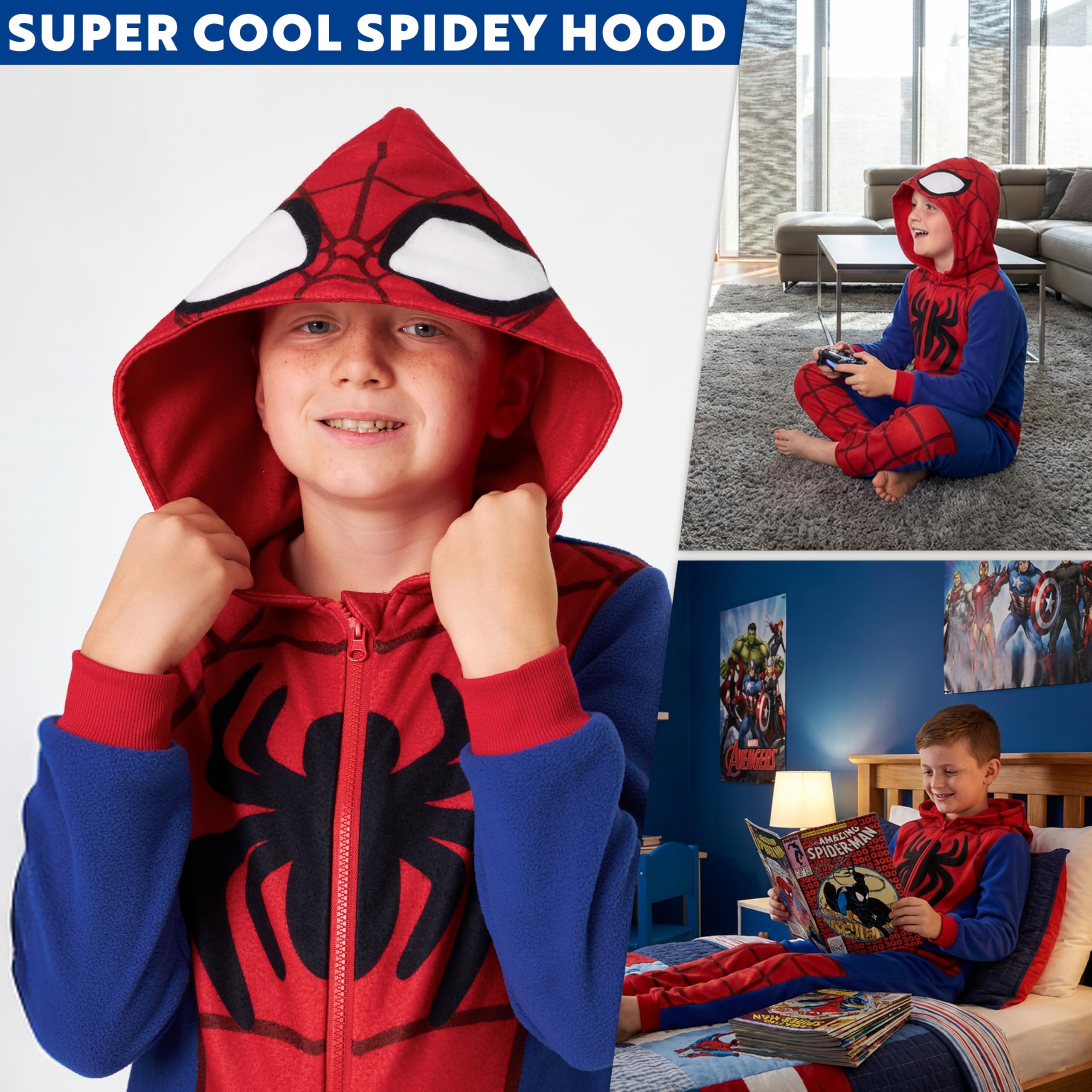 Marvel Spiderman Pyjama Combinaison Garcon, Grenouillere Enfant, Surpyjama Polaire avec Capuche, Cadeau Super-héros