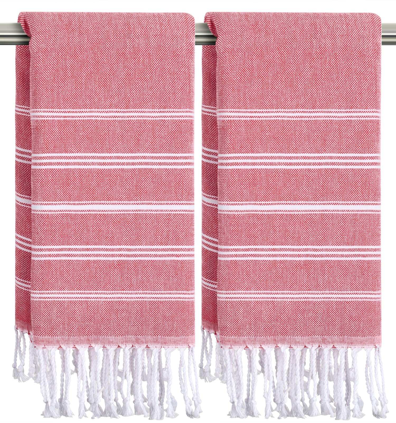 Ouxiaobai Hand Towels for Bathroom - Pack of 2 Turkish Hand Towels Set, Thin Decorative Tea Towel, 20 * 30 Inch Kitchen Cloth with Tassel (Red)