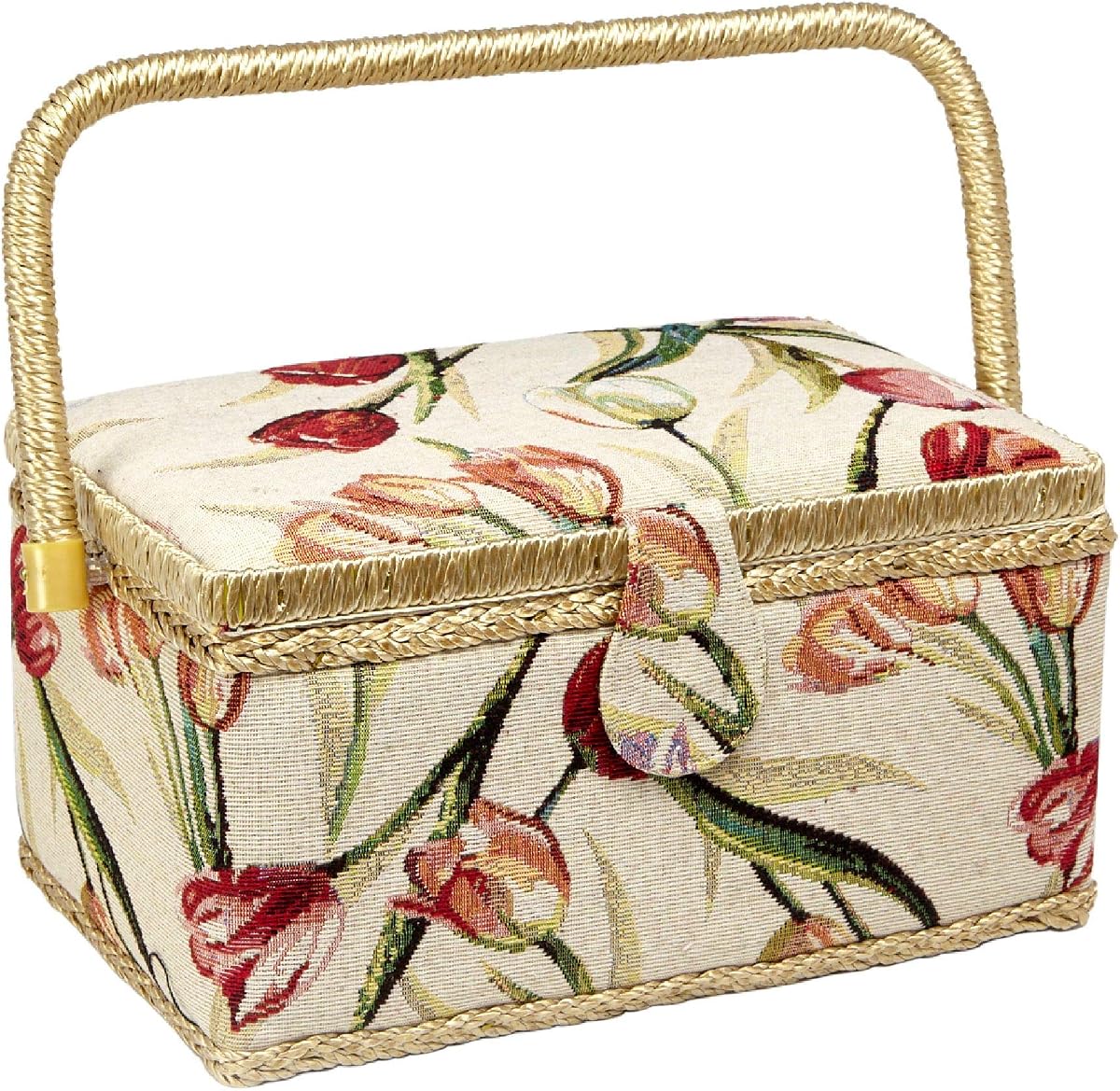 Cesta de costura con diseño de estampado floral de tulipán - Caja de almacenamiento para kit de costura con bandeja extraíble, alfiletero incorporado y bolsillo interior - Mediano - 11" x 7" x 5.5" - de Adolfo Design