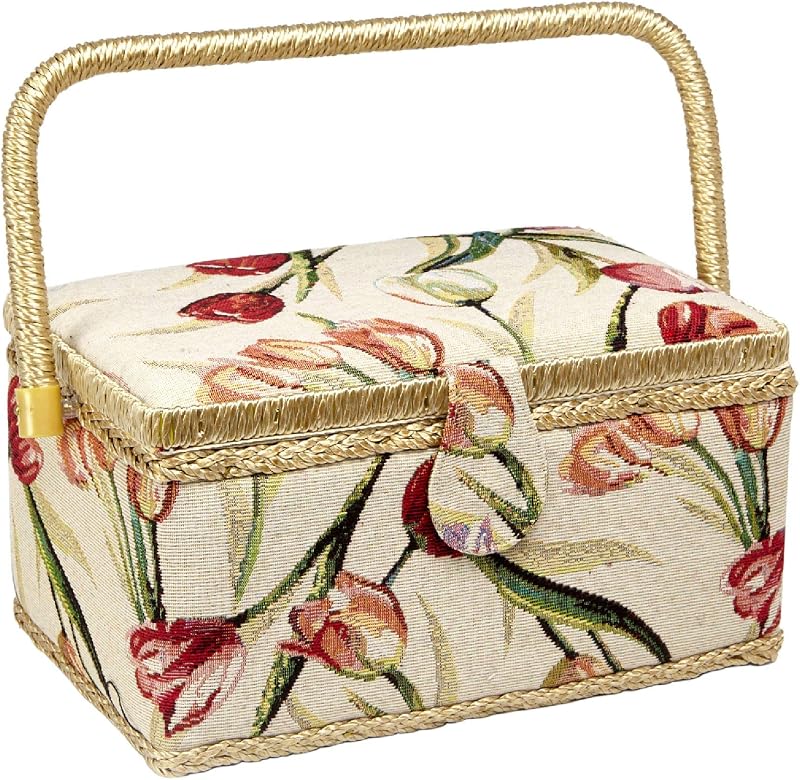 Cesta de costura con diseño de estampado floral de tulipán - Caja de almacenamiento para kit de costura con bandeja extraíble, alfiletero incorporado y bolsillo interior - Mediano - 11" x 7" x 5.5" - de Adolfo Design