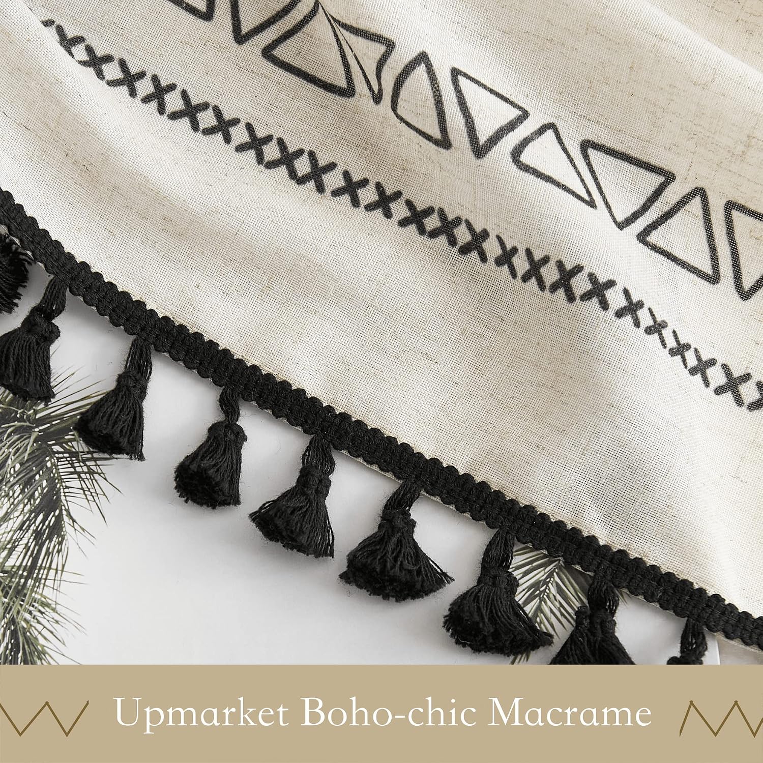 NICETOWN Thick Linen White Boho Kitchen Curtains for Bedroom 63 inch Length 2 Panels, Rod Pocket Rustic Privacy Added Semi Sheer Bohemian Macrame Drapes with Light Filtering, W52 x L63