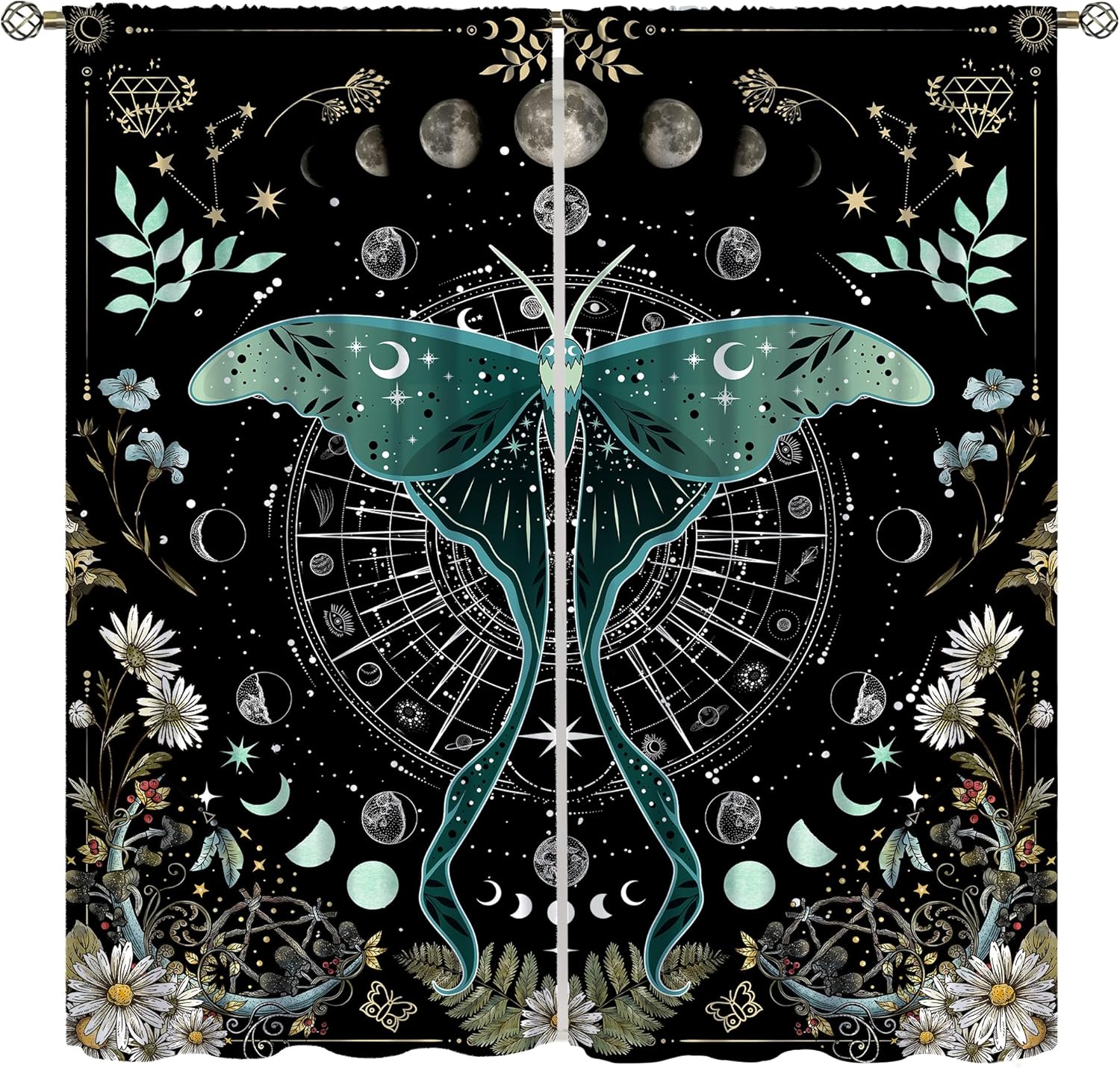 Moth Witchy Gothic Blackout Curtains for Kitchen,Rustic Moon Phase Teal Wildflower Plant Mysterious Night Moonlight Butterfly Plant Tarot Window Treatments for Girls Bedroom Bathroom 72x63in